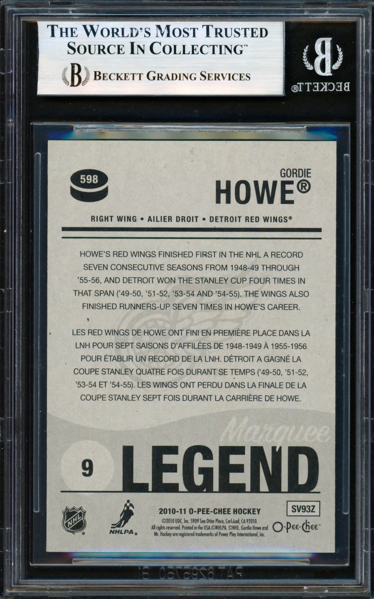 Gordie Howe Autographed 2010-11 O Pee Chee Marquee Card #598 Detroit Red Wings "HOF 72" Beckett BAS #19829901