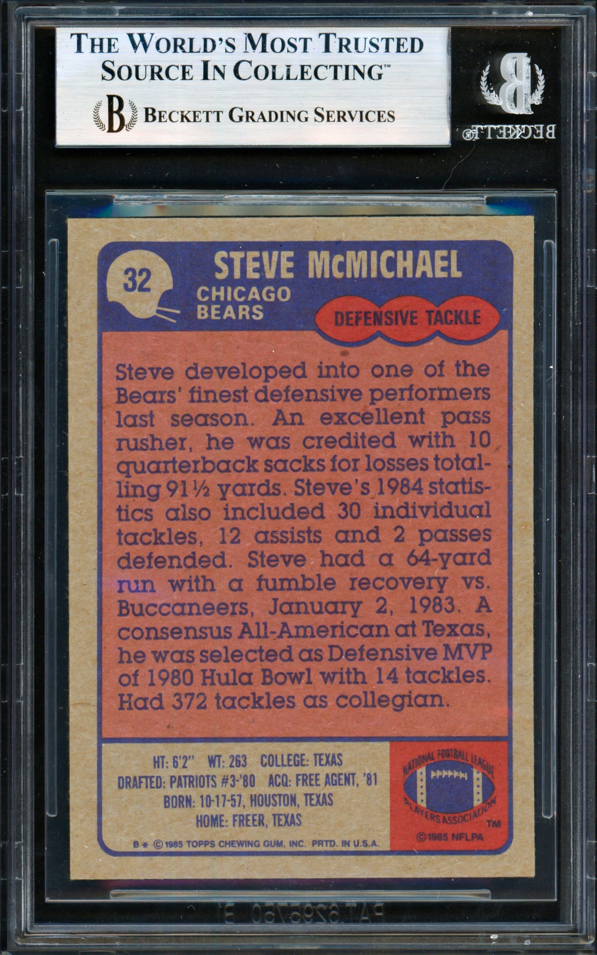 Steve McMichael Autographed 1985 Topps Rookie Card #32 Chicago Bears Beckett BAS #19830002