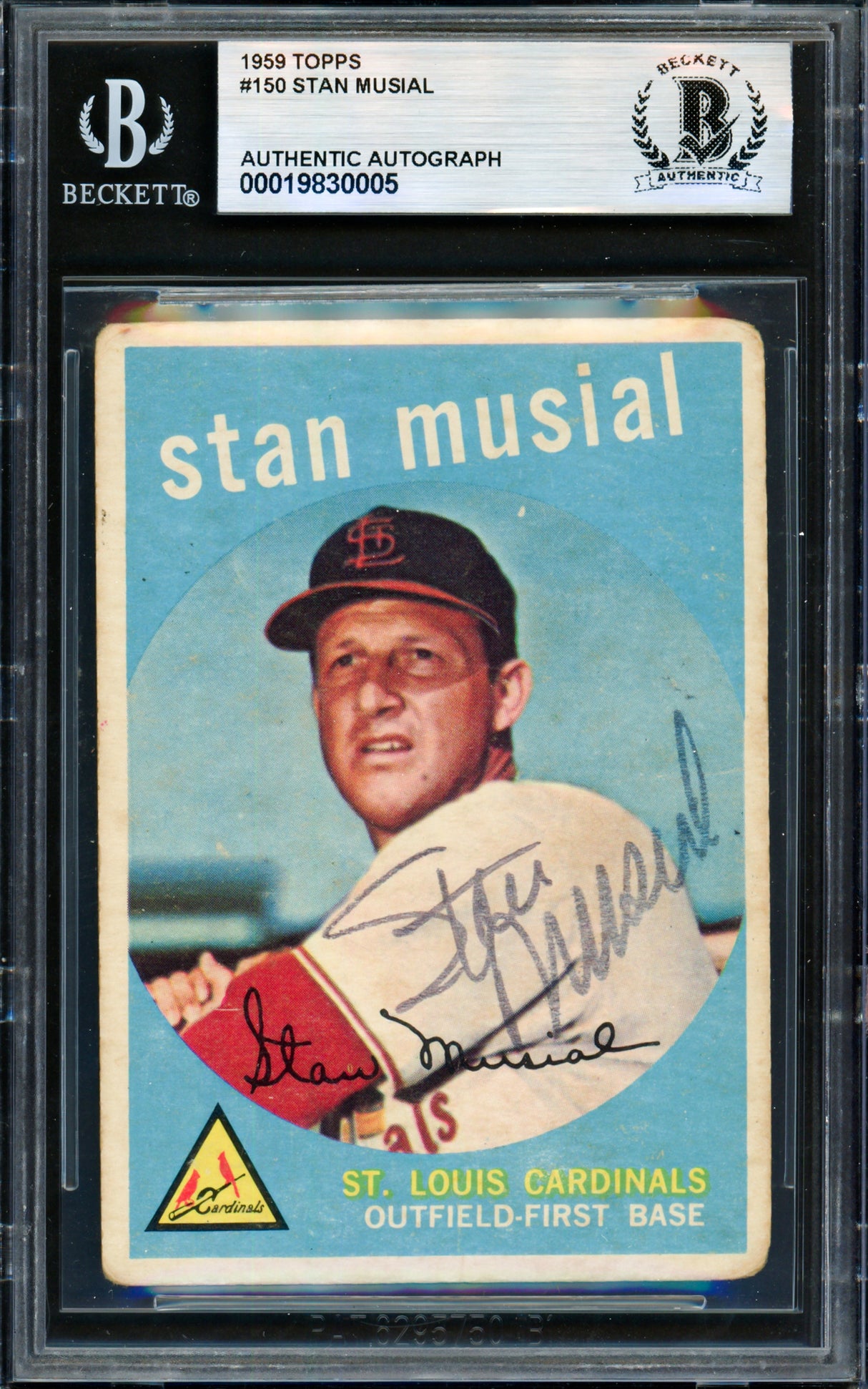 Stan Musial Autographed 1959 Topps Card #150 St. Louis Cardinals Beckett BAS #19830005