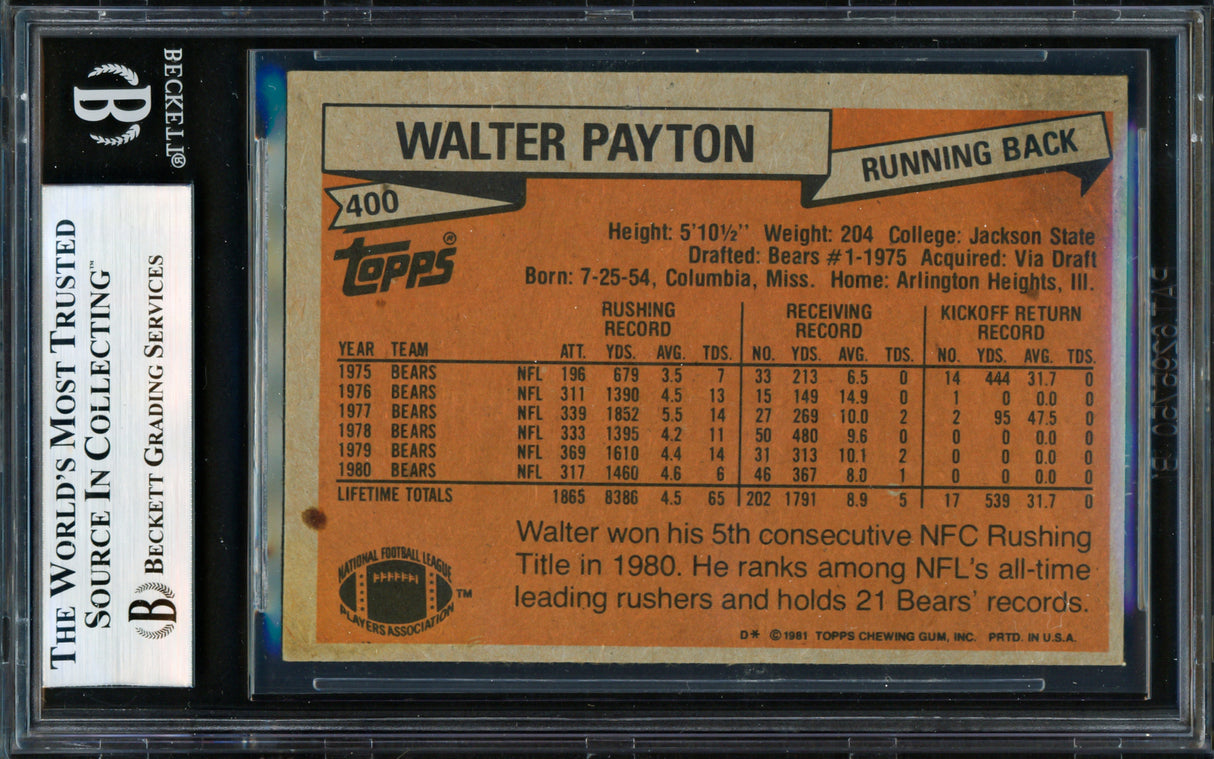 Walter Payton Autographed 1981 Topps Card #400 Chicago Bears Beckett BAS #19830106