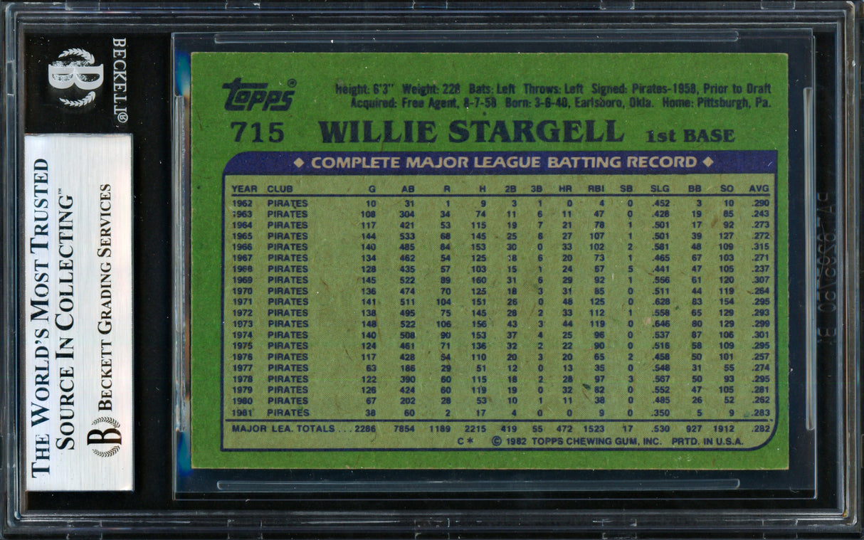 Willie Stargell Autographed 1982 Topps Card #715 Pittsburgh Pirates Beckett BAS #19830570