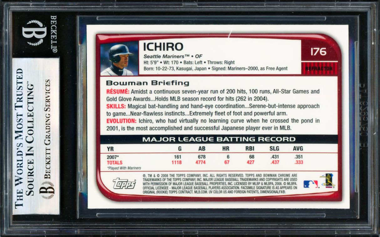 Ichiro Suzuki Autographed 2008 Bowman Chrome Refractor Card #176 Seattle Mariners Beckett BAS #19830960