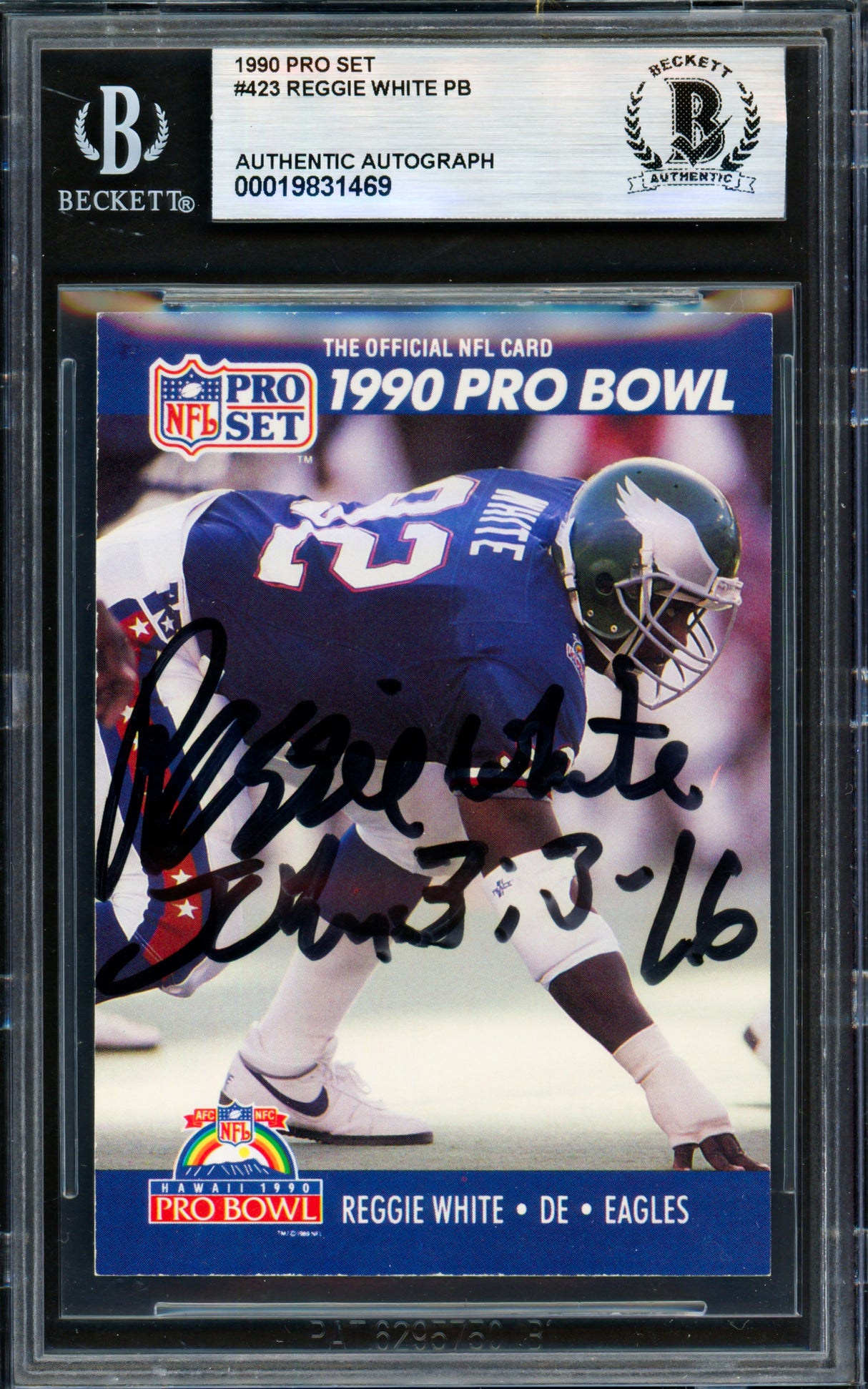 Reggie White Autographed 1990 Pro Set Card #423 Philadelphia Eagles Beckett BAS #19831469