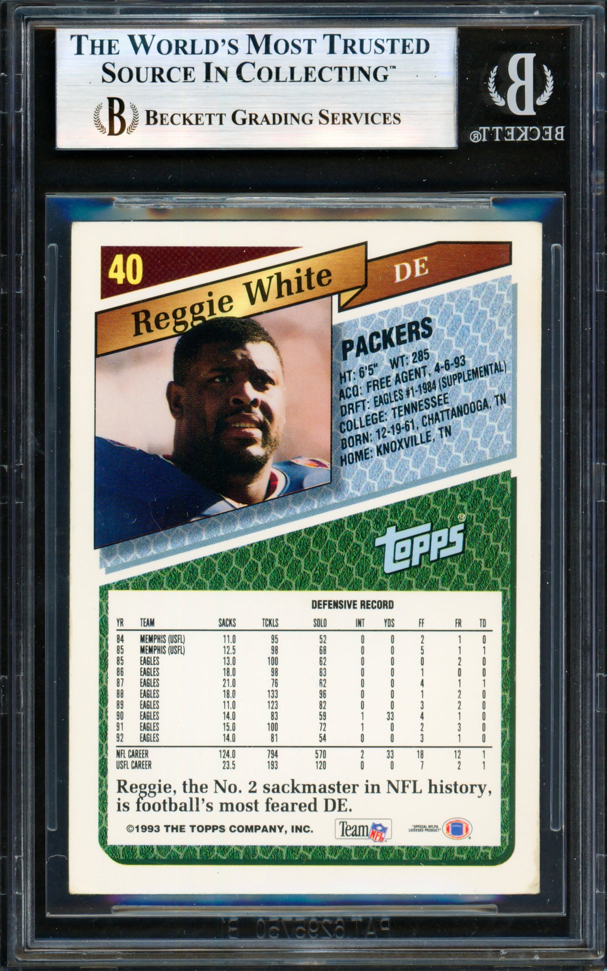 Reggie White Autographed 1993 Topps Card #40 Green Bay Packers Beckett BAS #19831466