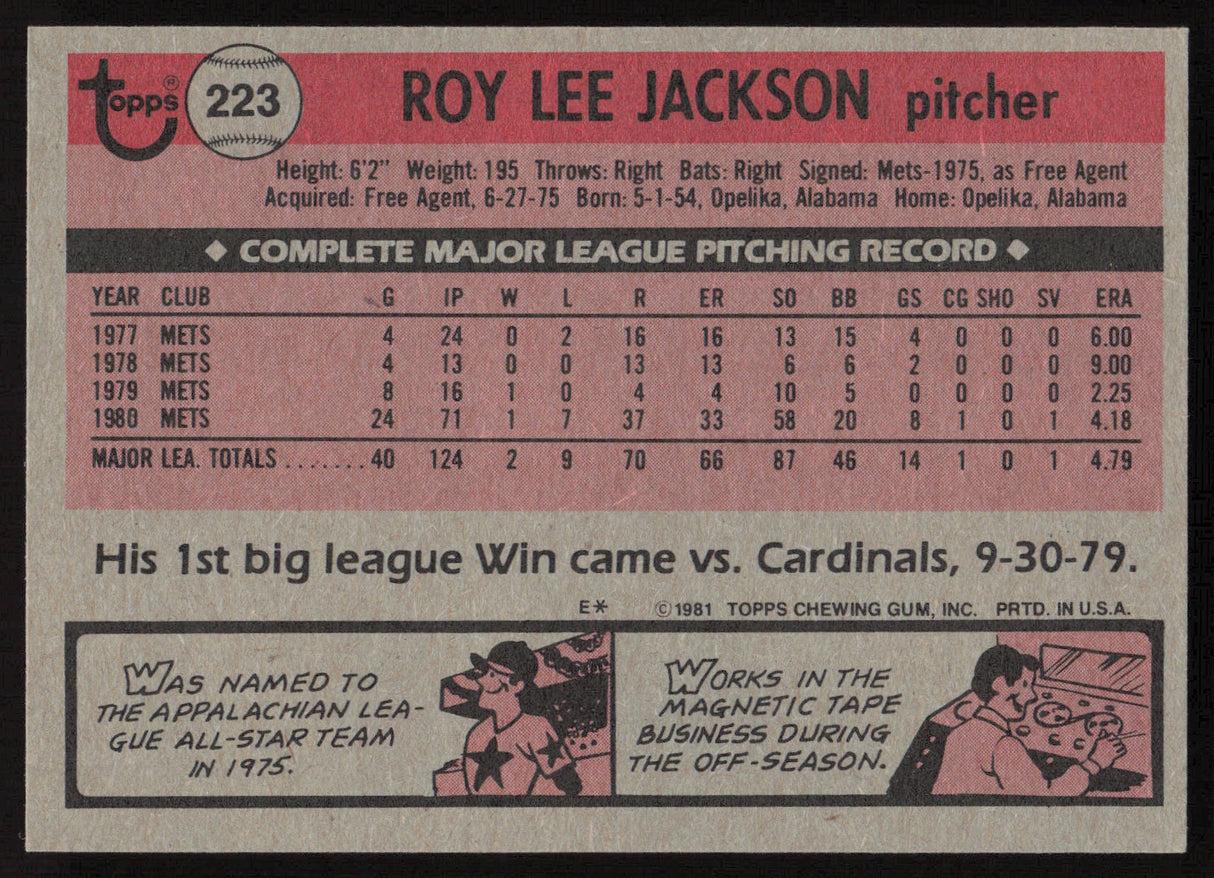 Roy Lee Jackson Autographed 1981 Topps Card #223 New York Mets SKU #264921