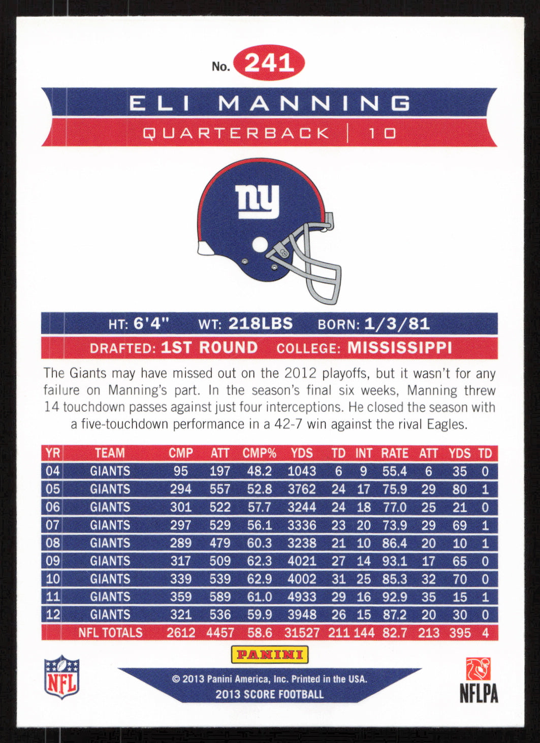Eli Manning Autographed 2013 Score Card #241 New York Giants SKU #265325