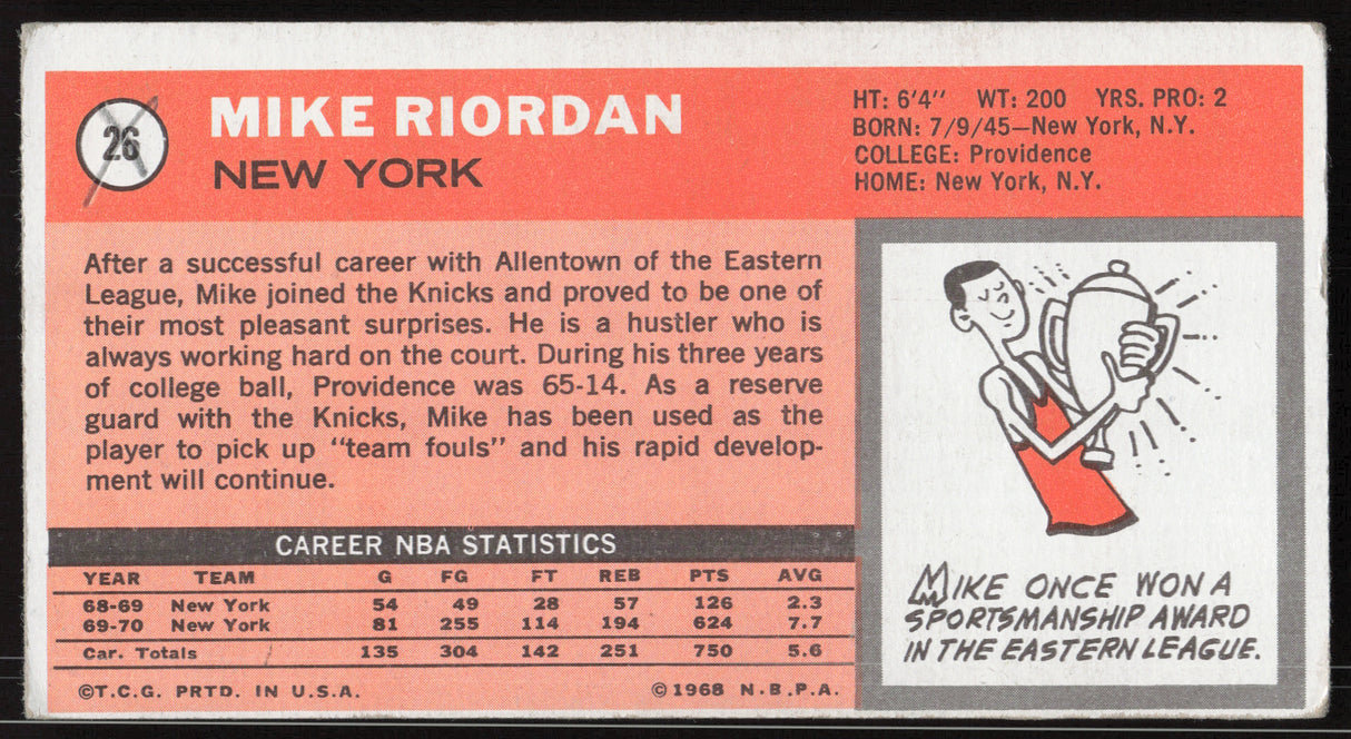 Mike Riordan Autographed 1970-71 Topps Rookie Card #26 New York Knicks SKU #264165