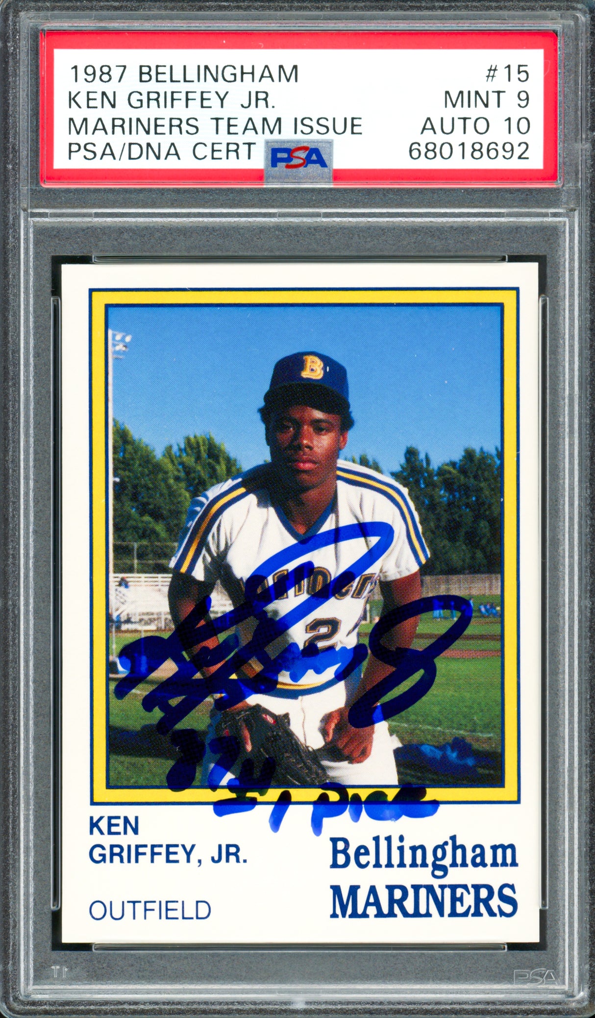 Ken Griffey Jr. Autographed 1987 Bellingham Rookie Card #15 Seattle Mariners PSA 9 Auto Grade Gem Mint 10 "87 #1 Pick" PSA/DNA #68018692