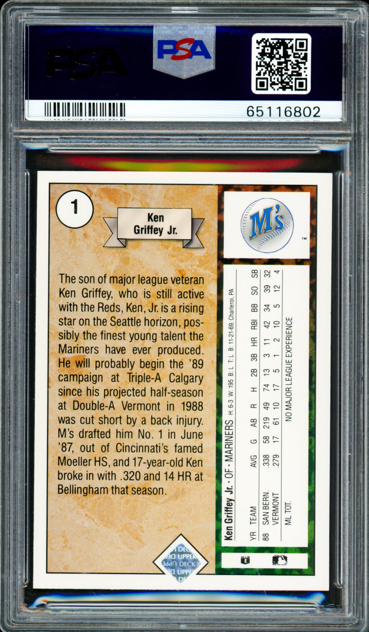 Ken Griffey Jr. Autographed 1989 Upper Deck Rookie Card #1 Seattle Mariners PSA 9 Auto Grade Gem Mint 10 PSA/DNA #65116802