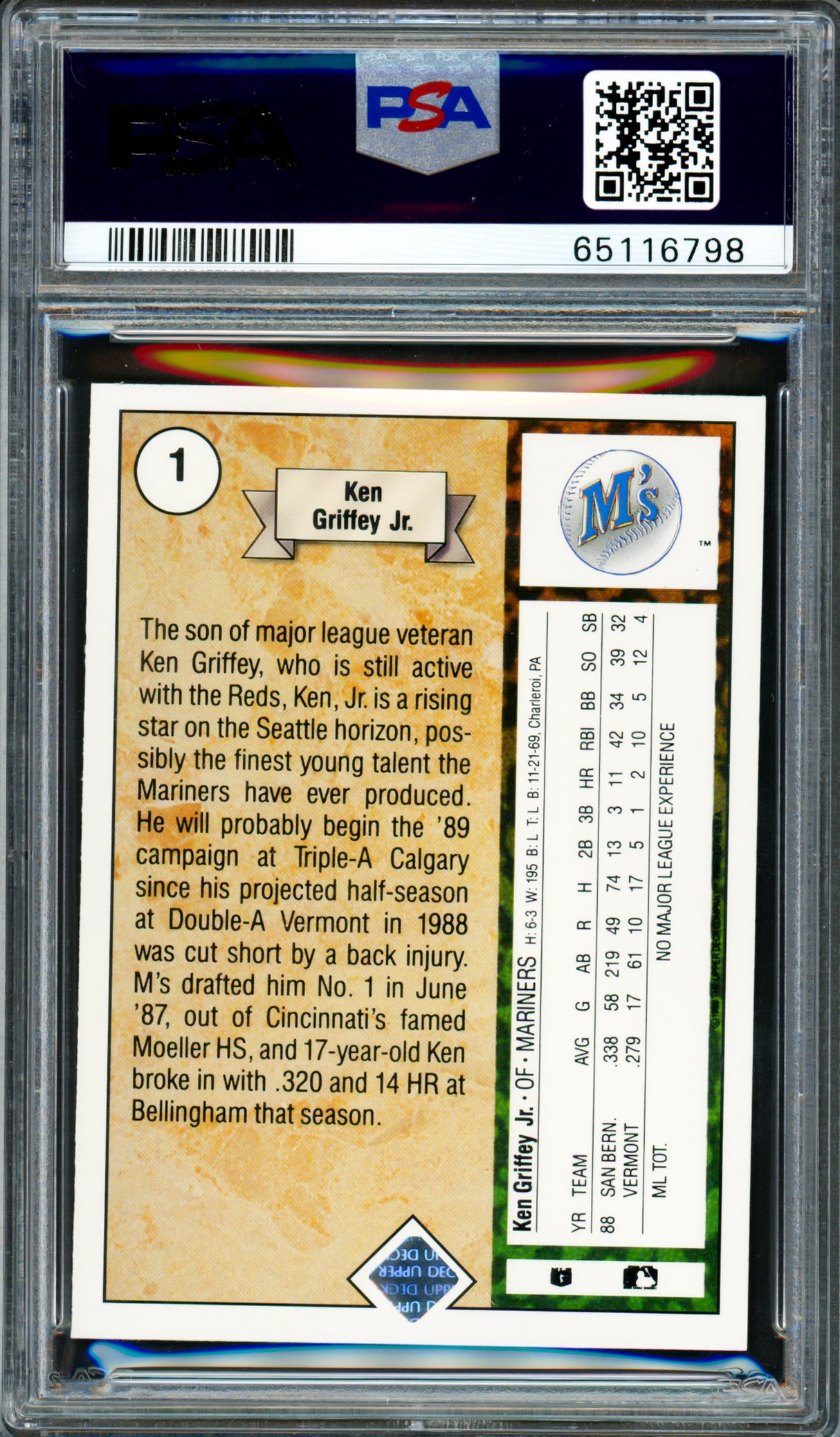 Ken Griffey Jr. Autographed 1989 Upper Deck Rookie Card #1 Seattle Mariners PSA 9 Auto Grade Gem Mint 10 PSA/DNA #65116798