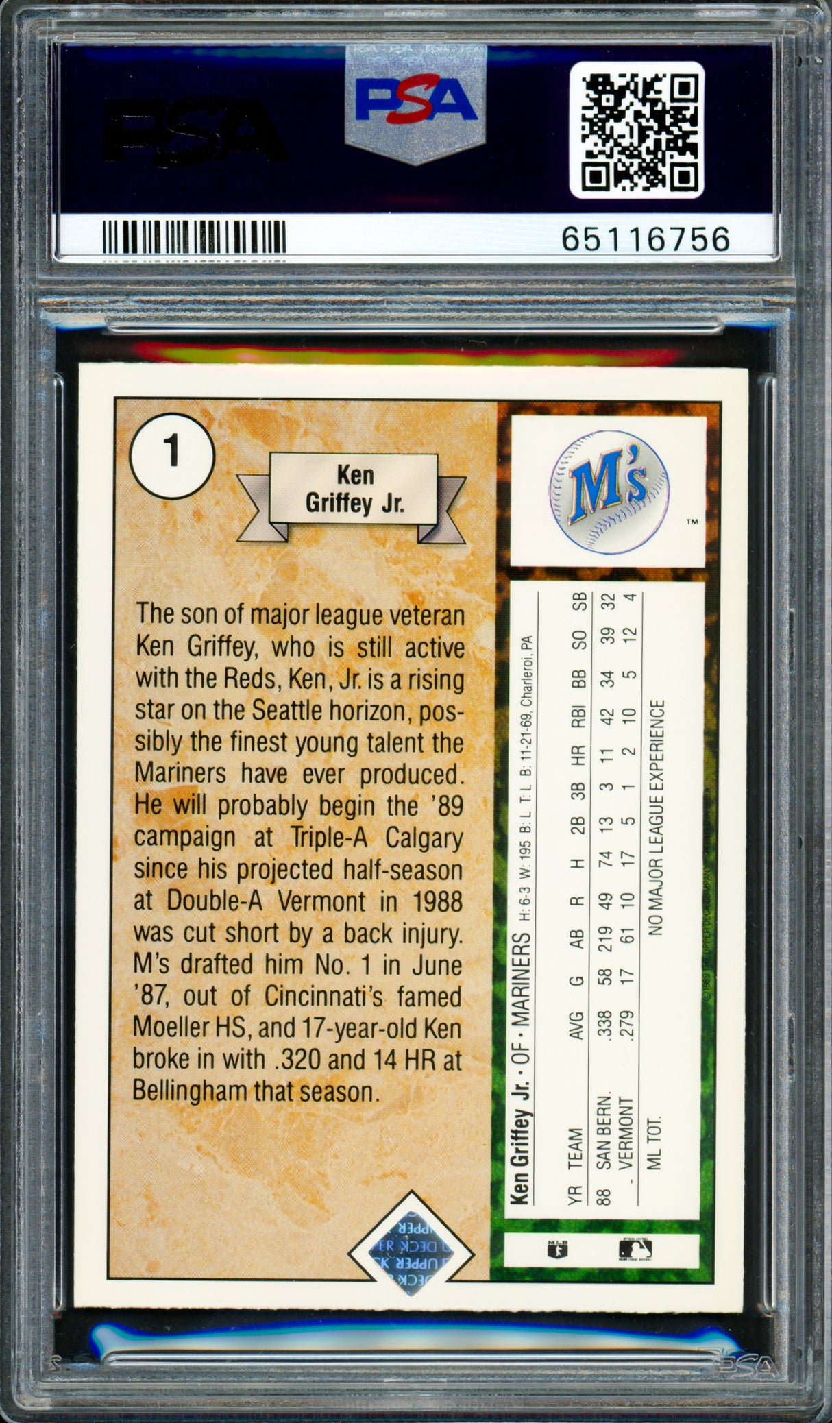Ken Griffey Jr. Autographed 1989 Upper Deck Rookie Card #1 Seattle Mariners PSA 9 Auto Grade Gem Mint 10 PSA/DNA #65116756