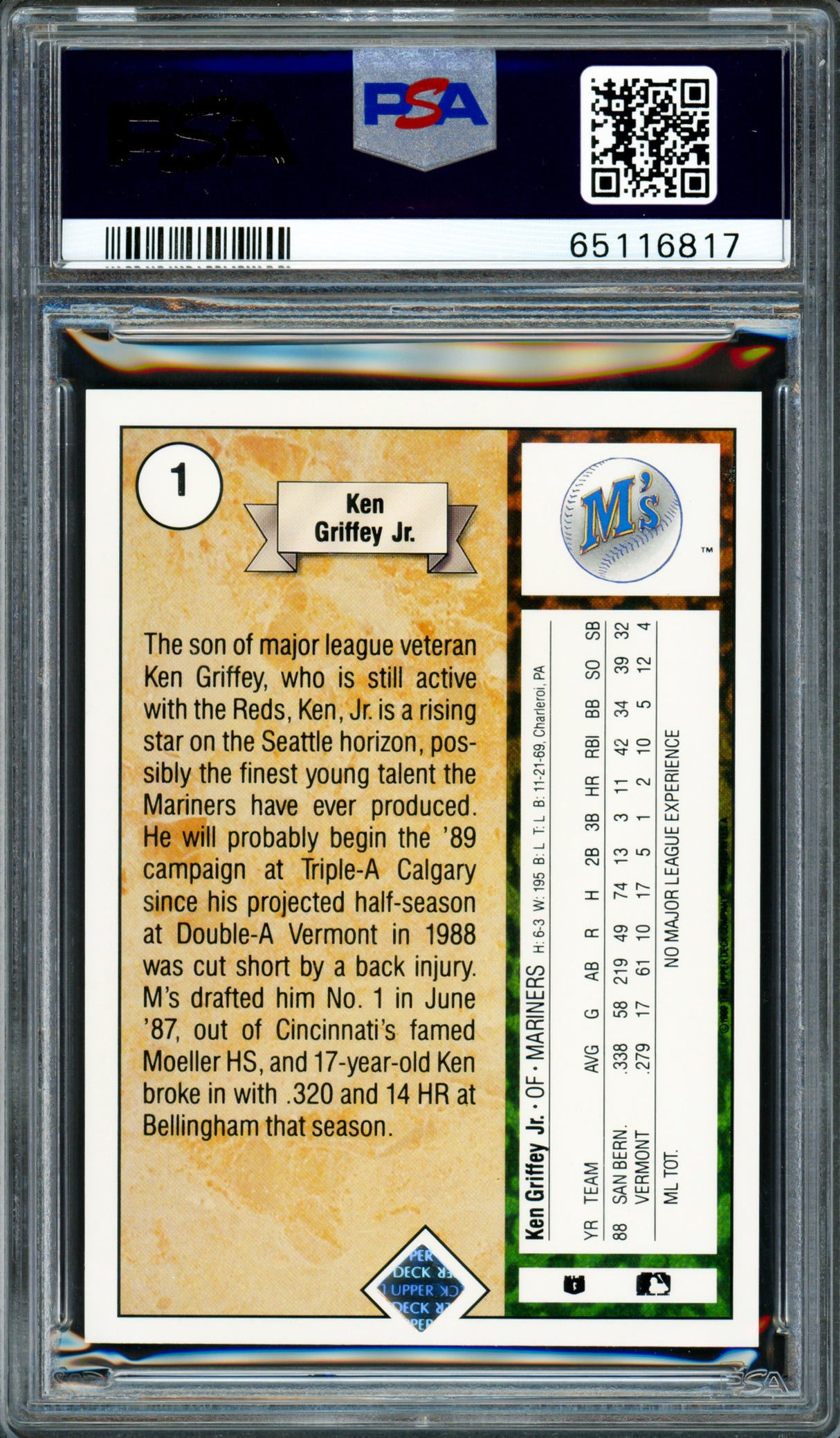 Ken Griffey Jr. Autographed 1989 Upper Deck Rookie Card #1 Seattle Mariners PSA 9 Auto Grade Gem Mint 10 PSA/DNA #65116817