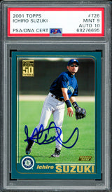 Ichiro Suzuki Autographed 2001 Topps Rookie Card #726 Seattle Mariners PSA 9 Auto Grade Gem Mint 10 PSA/DNA #69276695