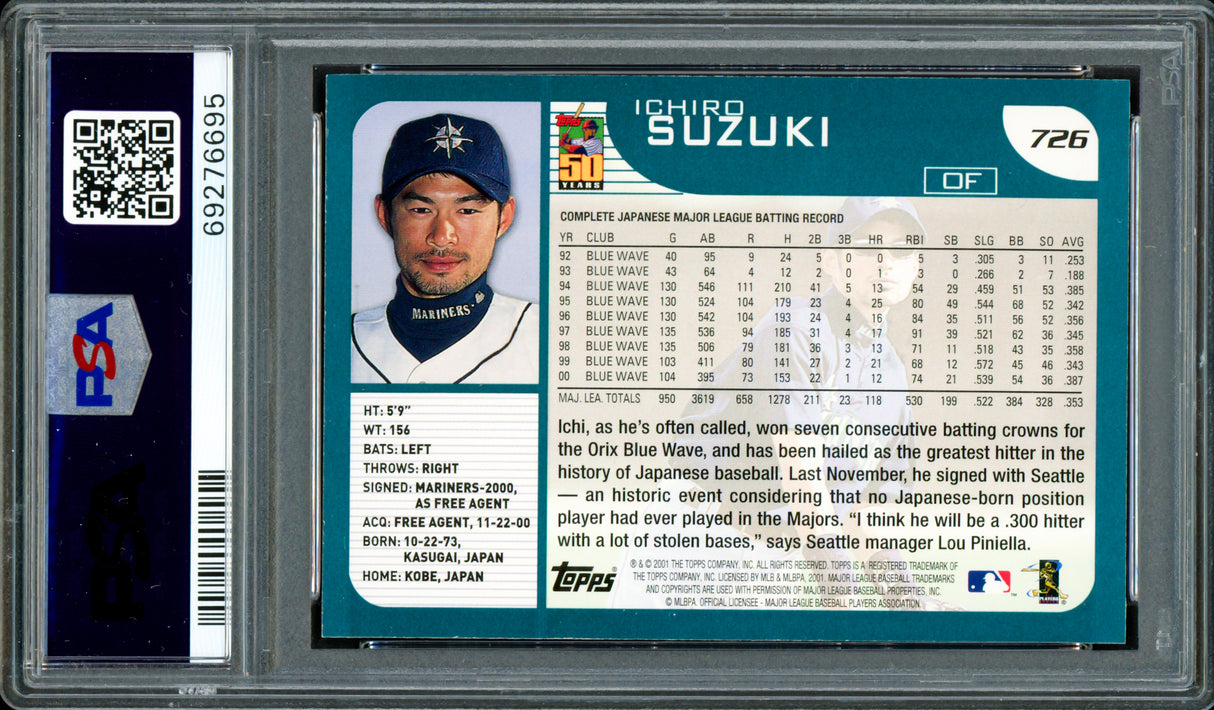 Ichiro Suzuki Autographed 2001 Topps Rookie Card #726 Seattle Mariners PSA 9 Auto Grade Gem Mint 10 PSA/DNA #69276695
