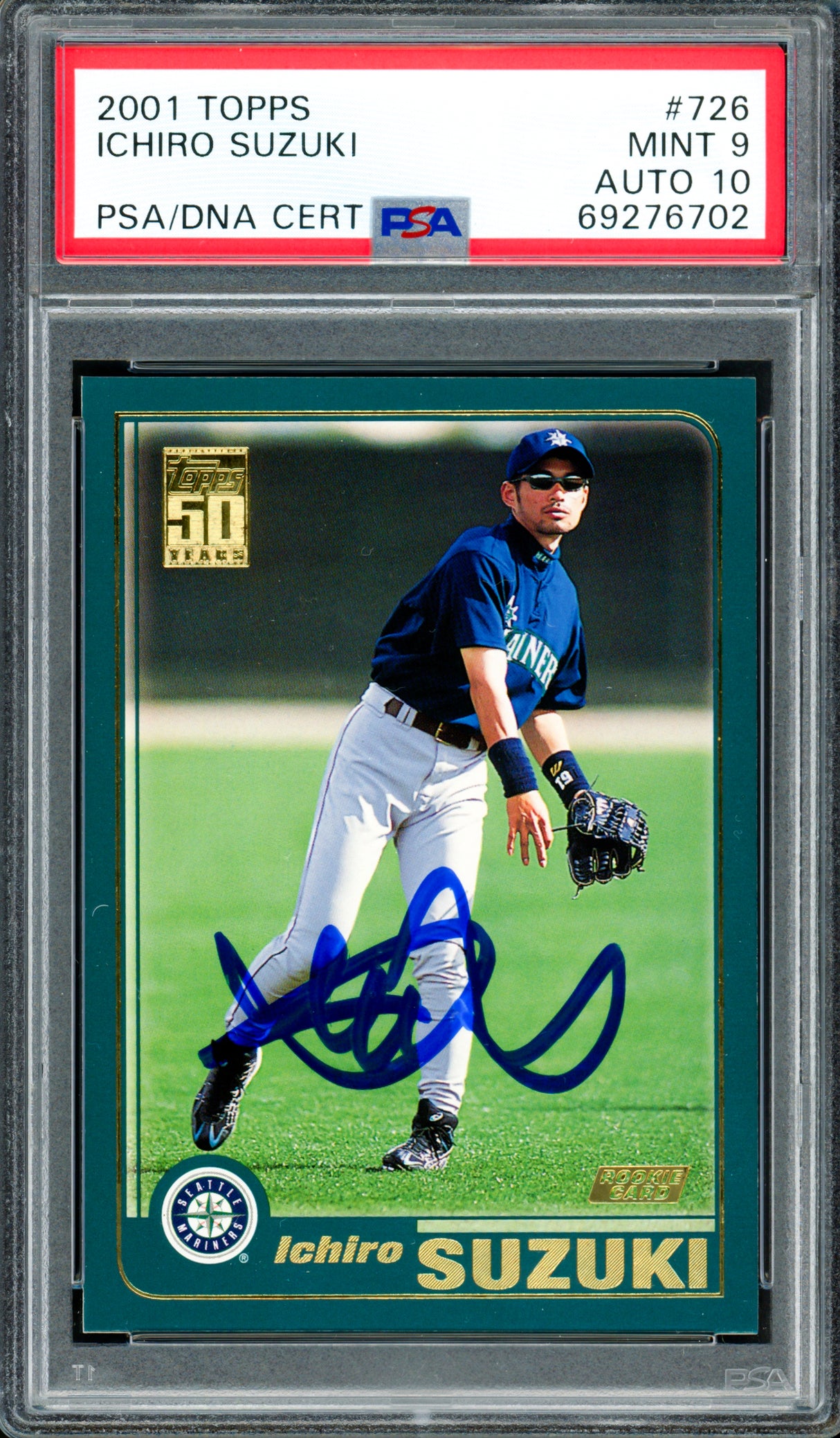 Ichiro Suzuki Autographed 2001 Topps Rookie Card #726 Seattle Mariners PSA 9 Auto Grade Gem Mint 10 PSA/DNA #69276702
