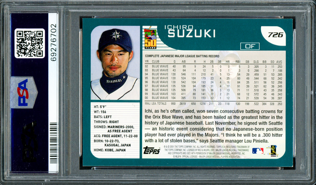 Ichiro Suzuki Autographed 2001 Topps Rookie Card #726 Seattle Mariners PSA 9 Auto Grade Gem Mint 10 PSA/DNA #69276702