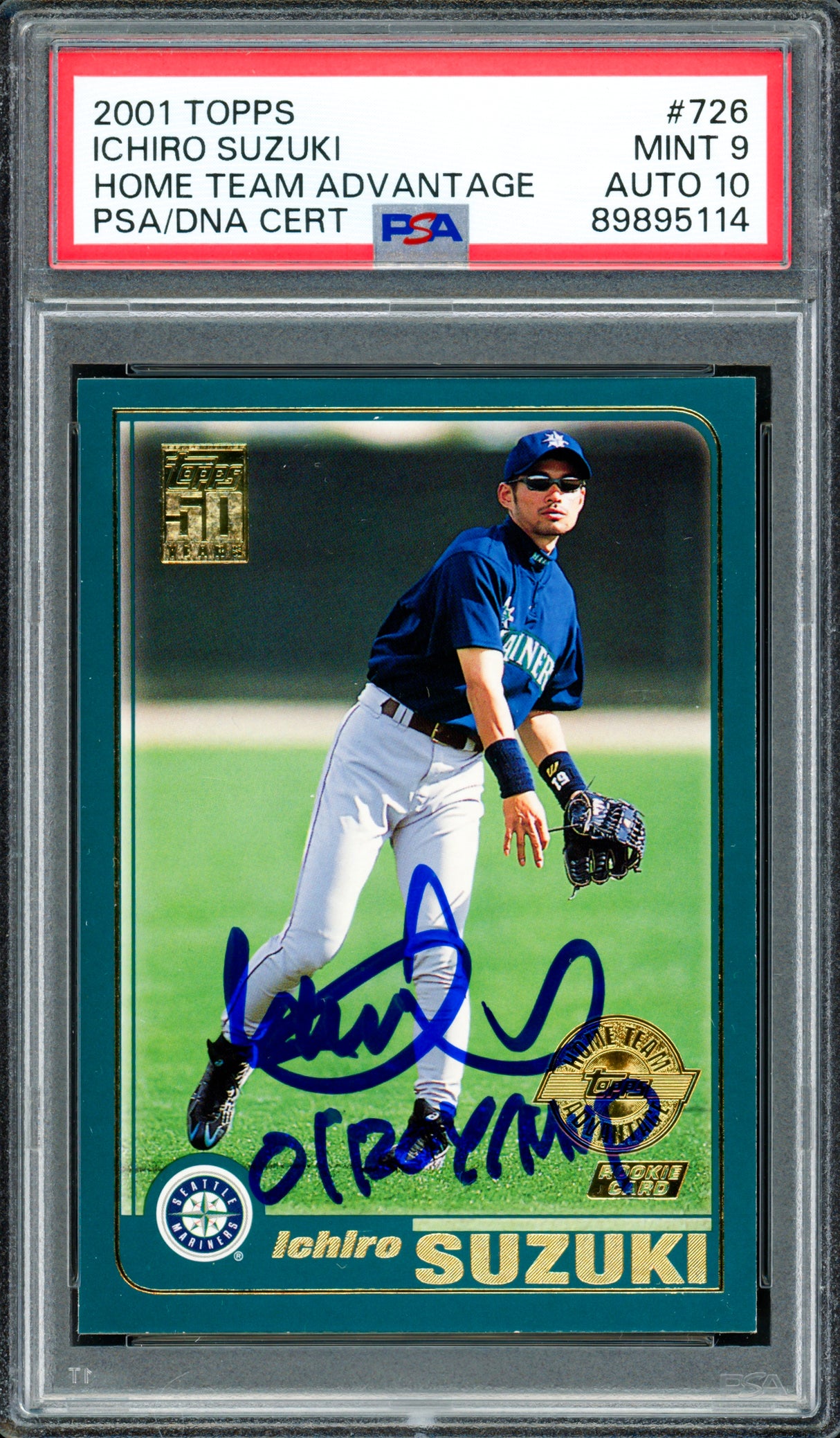 Ichiro Suzuki Autographed 2001 Topps Home Team Advantage Rookie Card #726 Seattle Mariners PSA 9 Auto Grade Gem Mint 10 "01 ROY/MVP" (Highest Graded) PSA/DNA #89895114