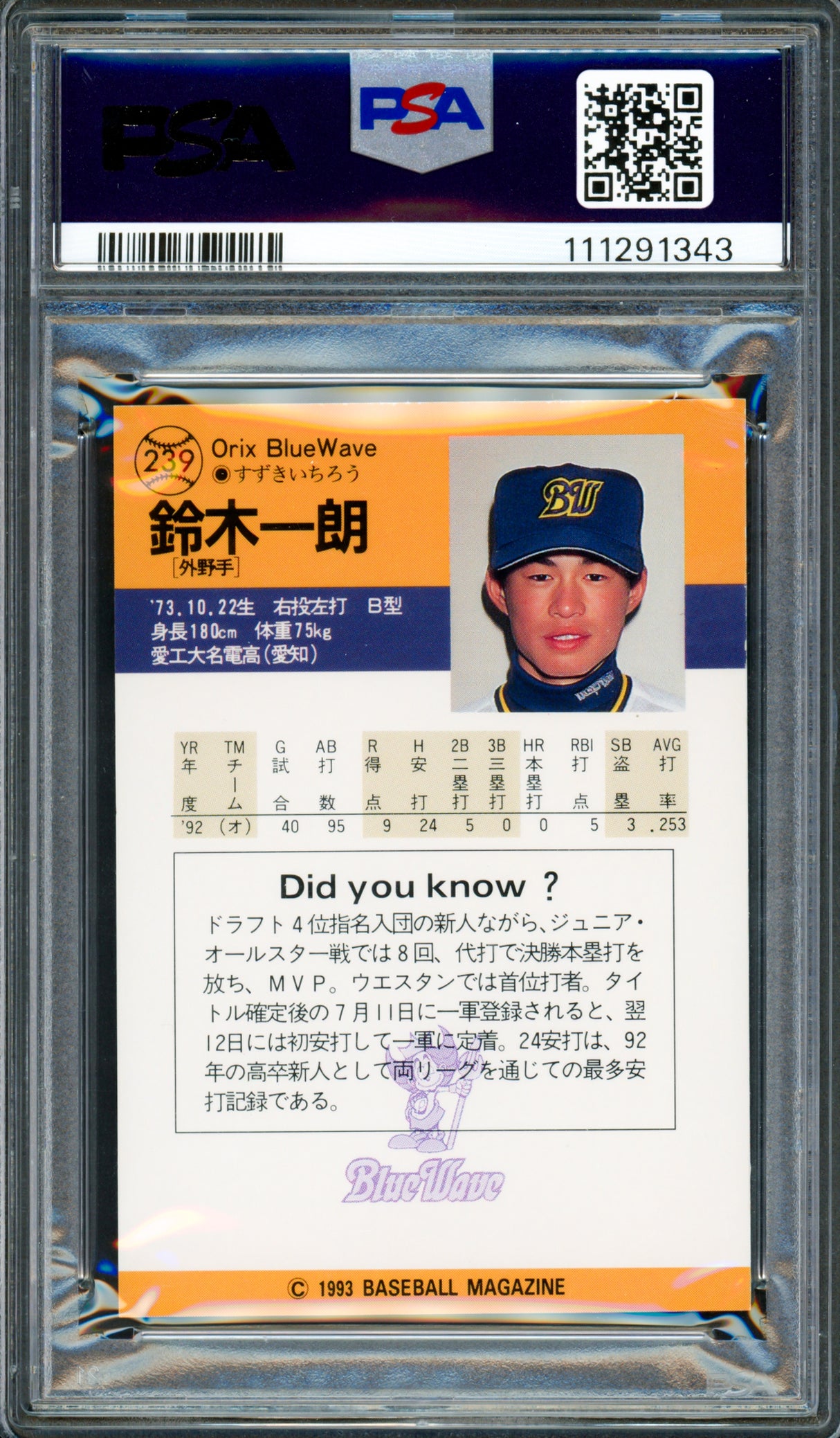 Ichiro Suzuki Autographed 1993 BBM Rookie Card #239 Orix Blue Wave PSA 9 Auto Grade Mint 9 "#51" (Signed In Kanji) PSA/DNA #111291343