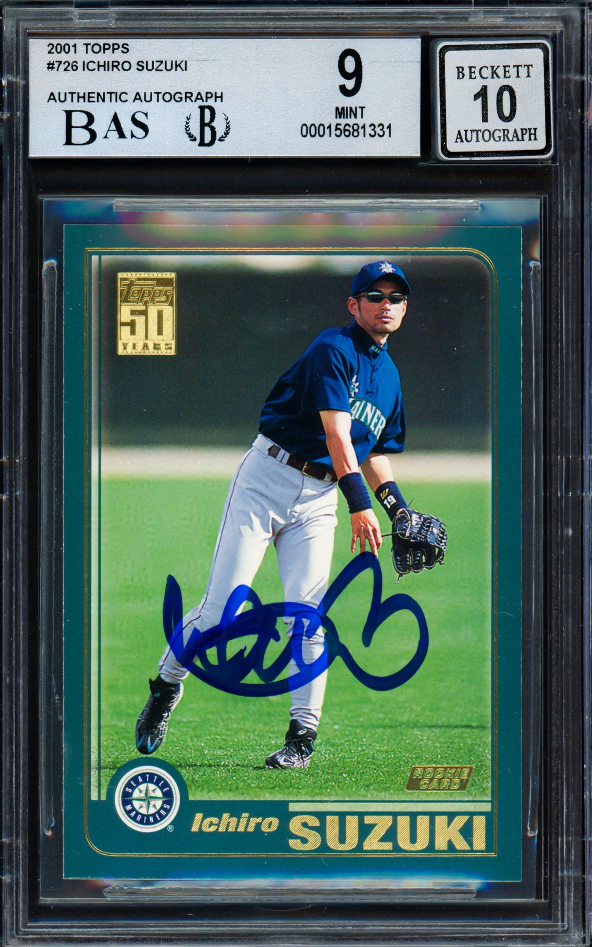 Ichiro Suzuki Autographed 2001 Topps Rookie Card #726 Seattle Mariners BGS 9 Auto Grade Gem Mint 10 Beckett BAS #15681331