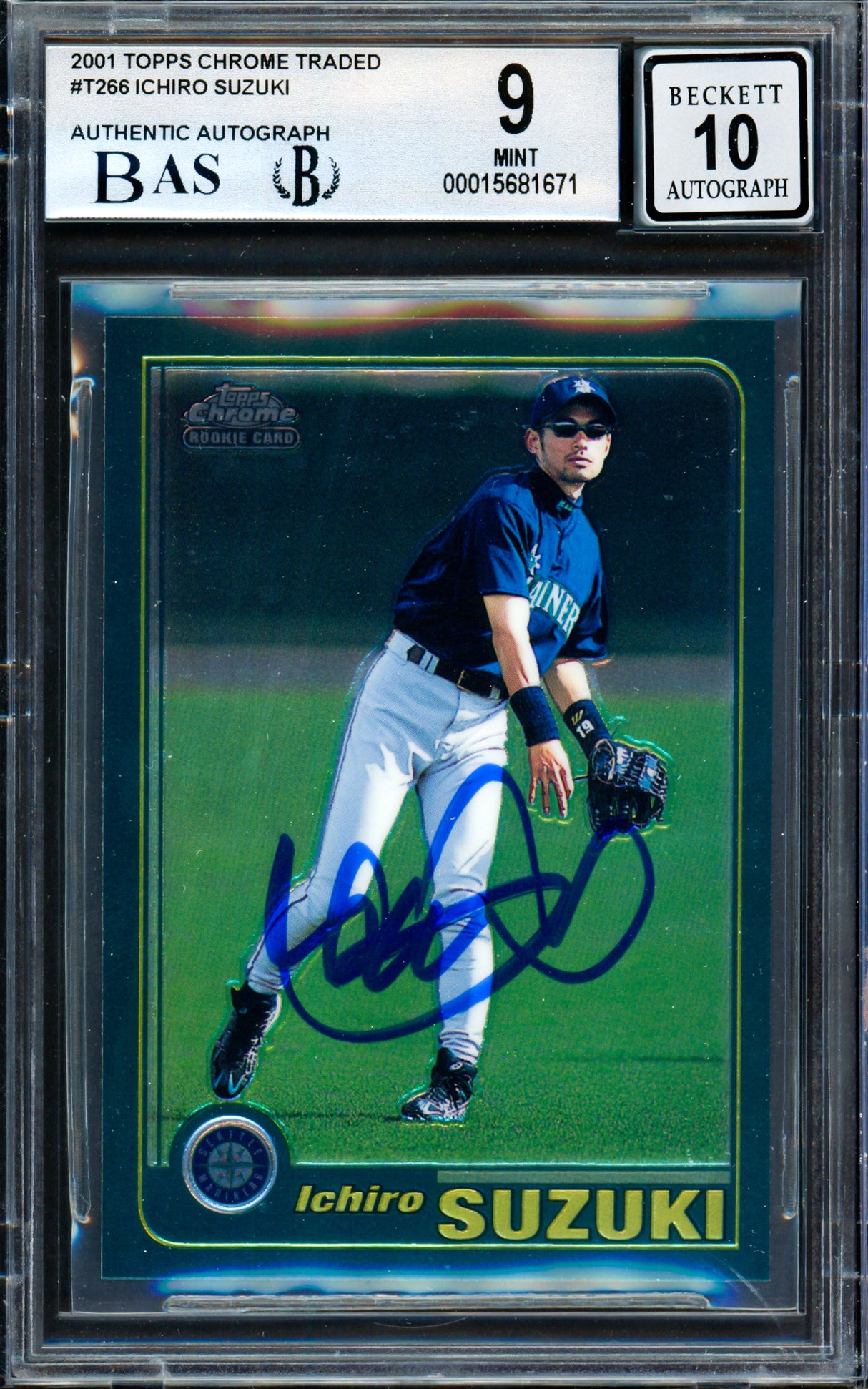Ichiro Suzuki Autographed 2001 Topps Chrome Traded Rookie Card #T266 Seattle Mariners BGS 9 Auto Grade Gem Mint 10 Beckett BAS #15681671