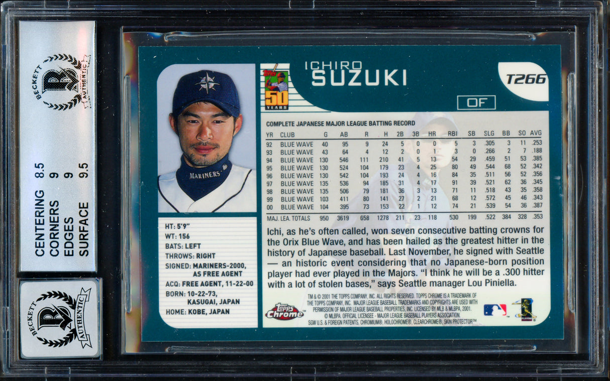 Ichiro Suzuki Autographed 2001 Topps Chrome Traded Rookie Card #T266 Seattle Mariners BGS 9 Auto Grade Gem Mint 10 Beckett BAS #15681671