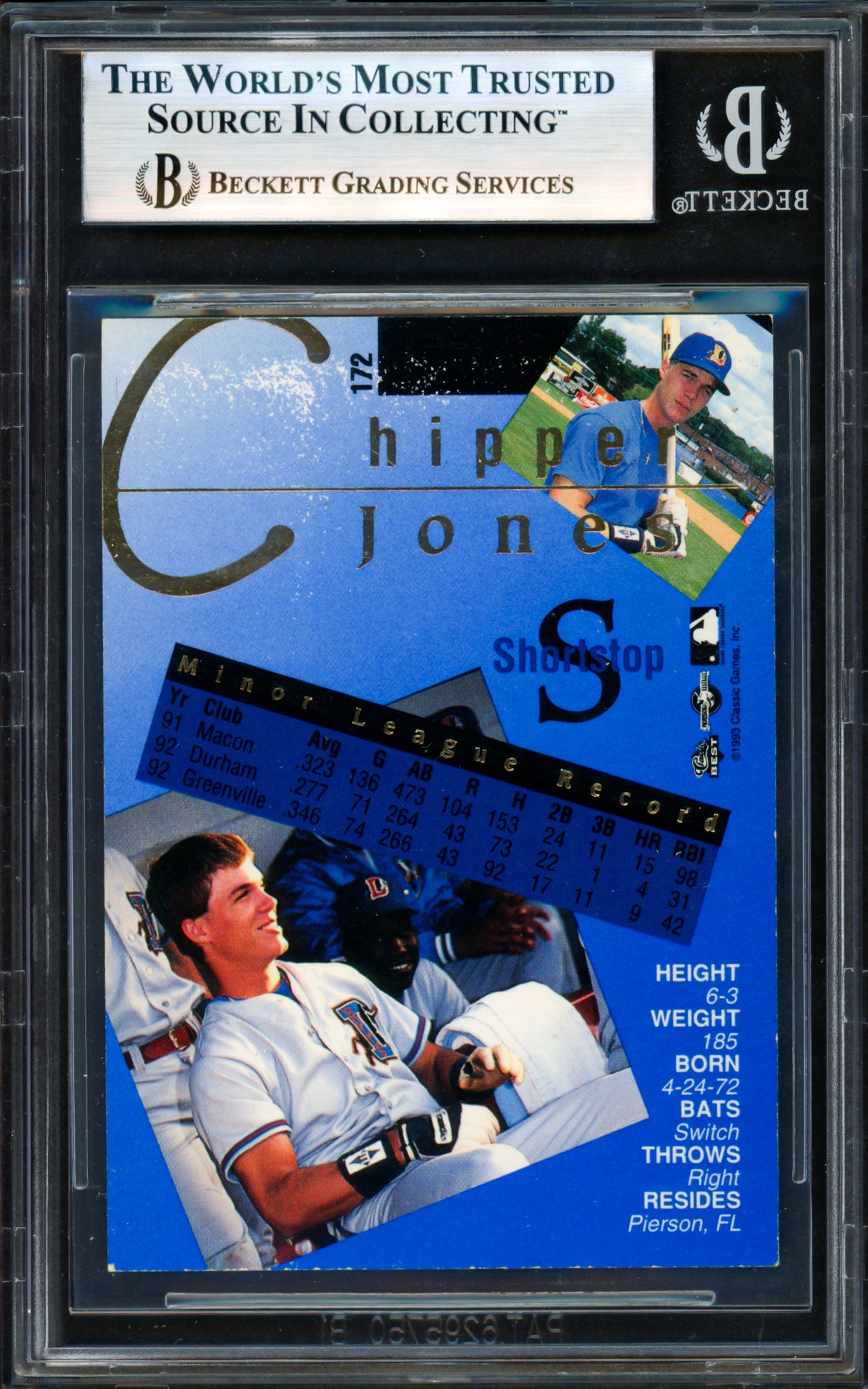 Chipper Jones Autographed 1993 Classic Gold Rookie Card #172 Atlanta Braves Beckett BAS #19252985