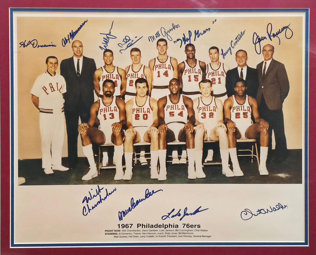 1967-68 Philadelphia 76ers Team Autographed Framed 16x20 Photo With 12 Signatures Including Wilt Chamberlain PSA/DNA #AI02736