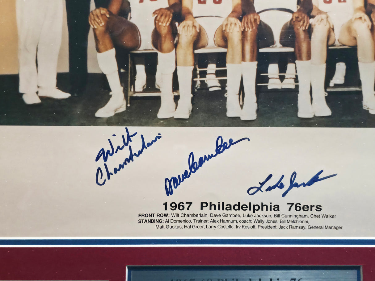 1967-68 Philadelphia 76ers Team Autographed Framed 16x20 Photo With 12 Signatures Including Wilt Chamberlain PSA/DNA #AI02736