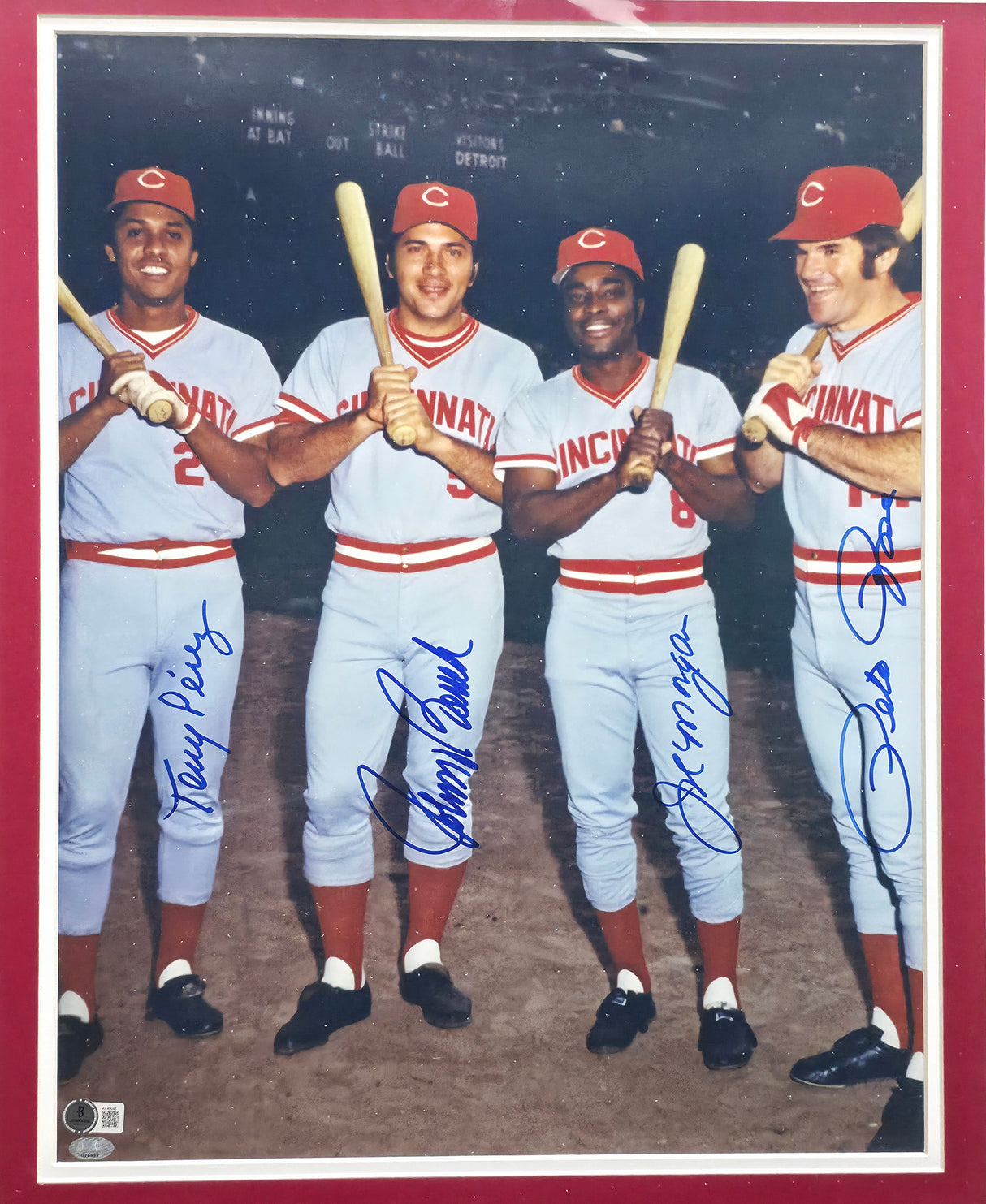 Big Red Machine Autographed Framed 16x20 Photo Cincinnati Reds With 4 Signatures Including Pete Rose Beckett BAS #AE49046