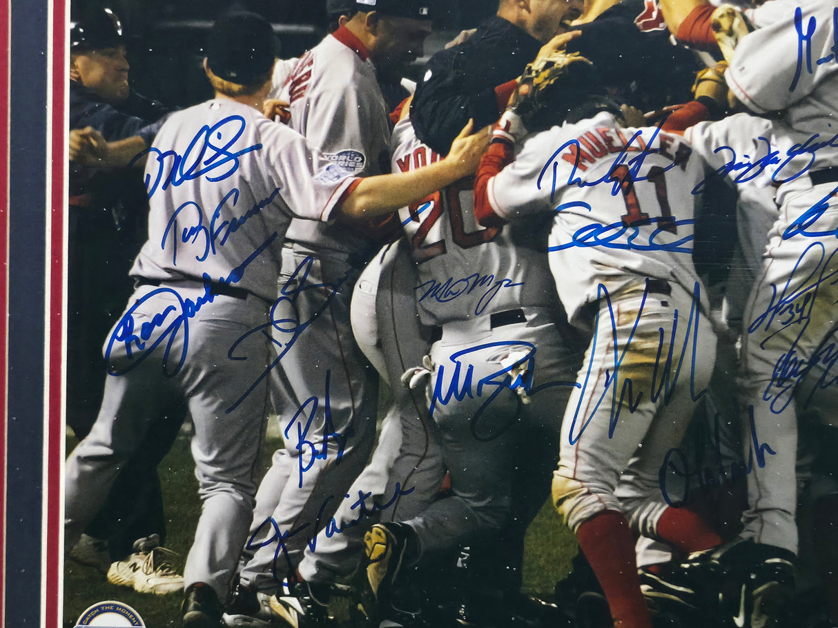 2004 Boston Red Sox World Series Champions Autographed Framed 16x20 Photo With 26 Signatures Including David Ortiz & Pedro Martinez Steiner Holo SKU #265752