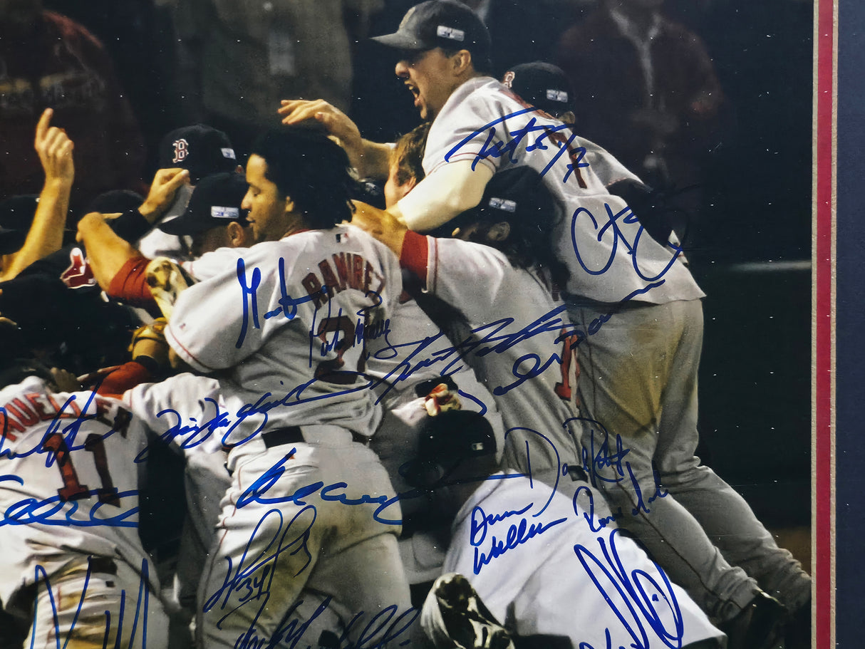2004 Boston Red Sox World Series Champions Autographed Framed 16x20 Photo With 26 Signatures Including David Ortiz & Pedro Martinez Steiner Holo SKU #265752