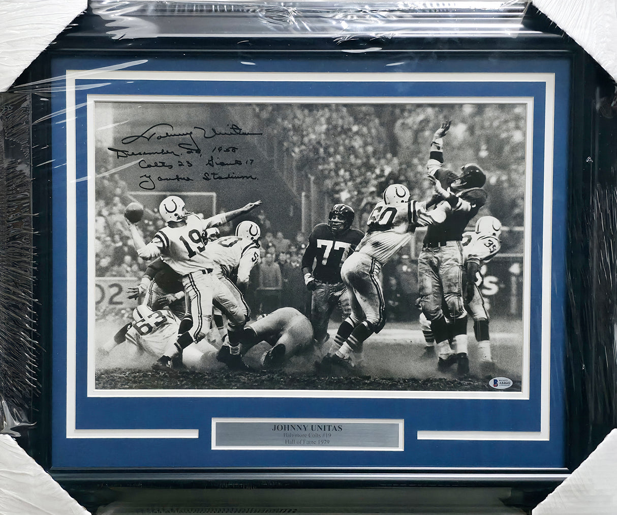 Johnny Unitas Autographed Framed 16x20 Photo Baltimore Colts "December 28, 1958 Colts 23 Giants 17" Beckett BAS #A84642