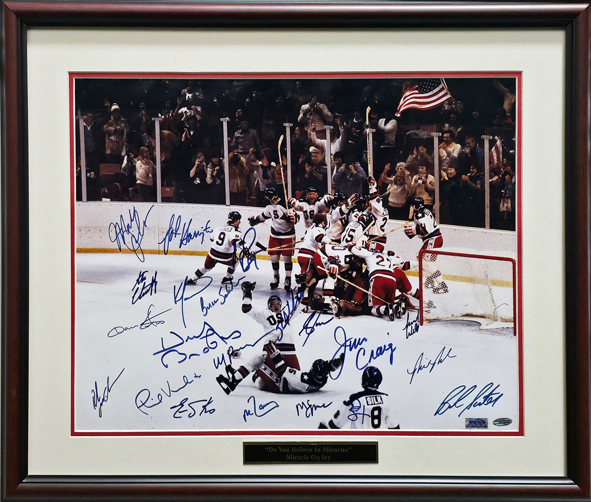 1980 Team USA Miracle On Ice Autographed Framed 16x20 Photo With 20 Signatures Including Herb Brooks Beckett BAS #AE49040
