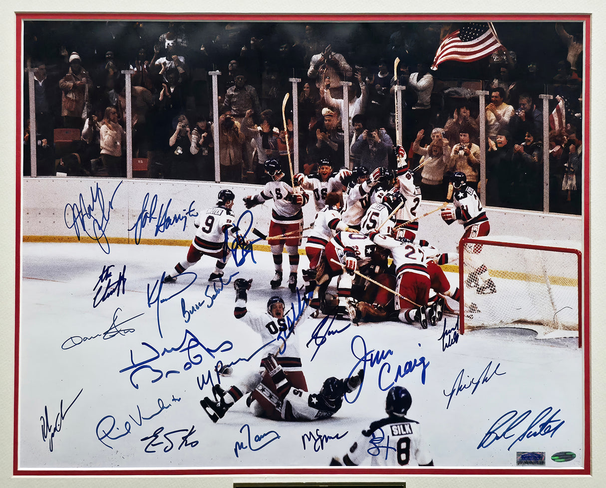 1980 Team USA Miracle On Ice Autographed Framed 16x20 Photo With 20 Signatures Including Herb Brooks Beckett BAS #AE49040