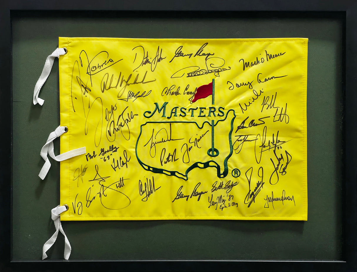 Masters Champions Autographed Framed Masters Flag With 32 Signatures Including Tiger Woods & Jack Nicklaus Beckett BAS #AC37759