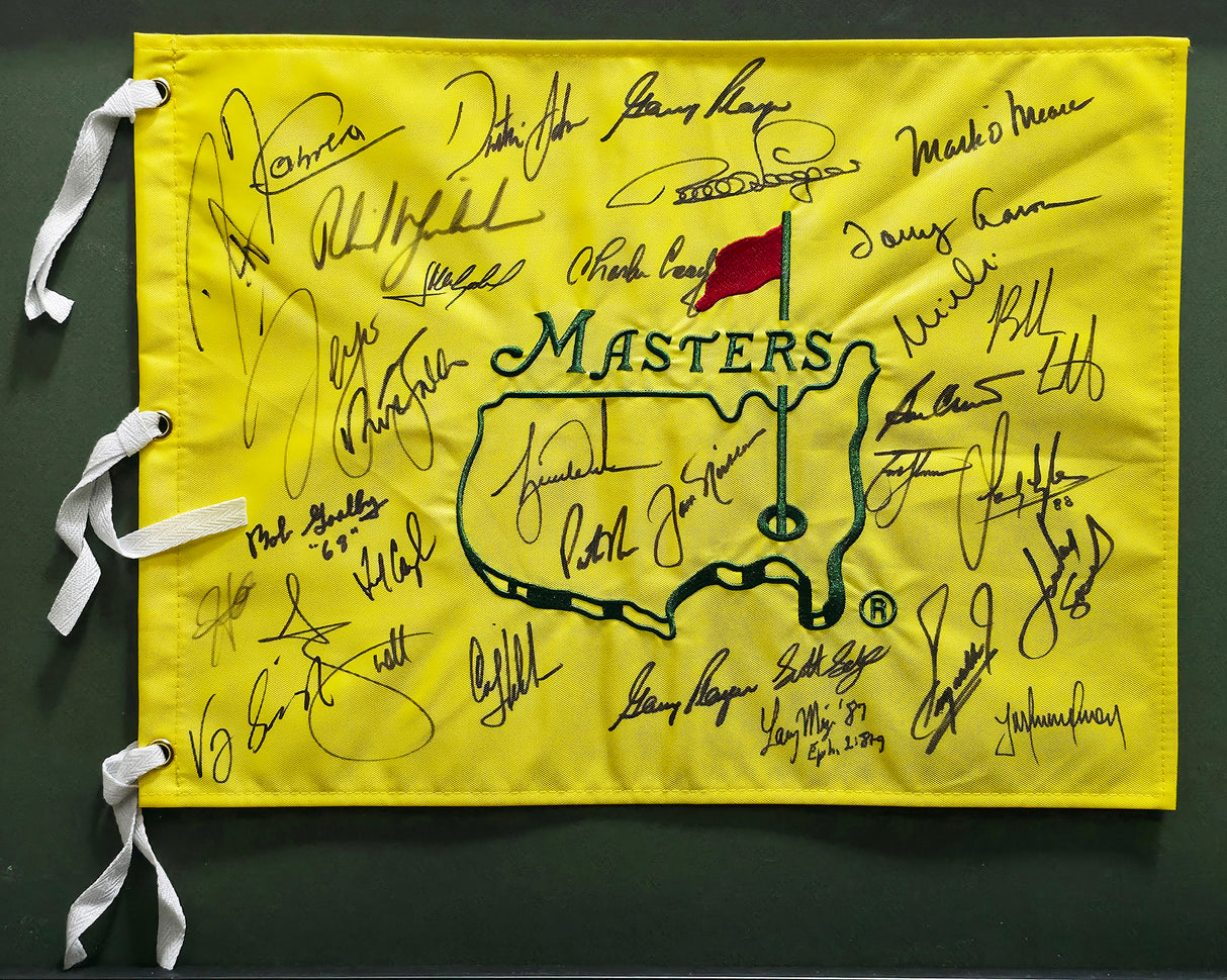 Masters Champions Autographed Framed Masters Flag With 32 Signatures Including Tiger Woods & Jack Nicklaus Beckett BAS #AC37759
