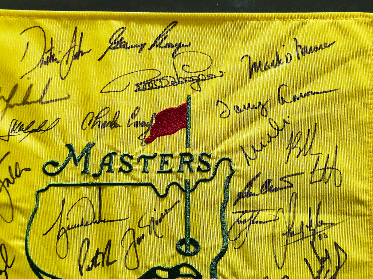 Masters Champions Autographed Framed Masters Flag With 32 Signatures Including Tiger Woods & Jack Nicklaus Beckett BAS #AC37759