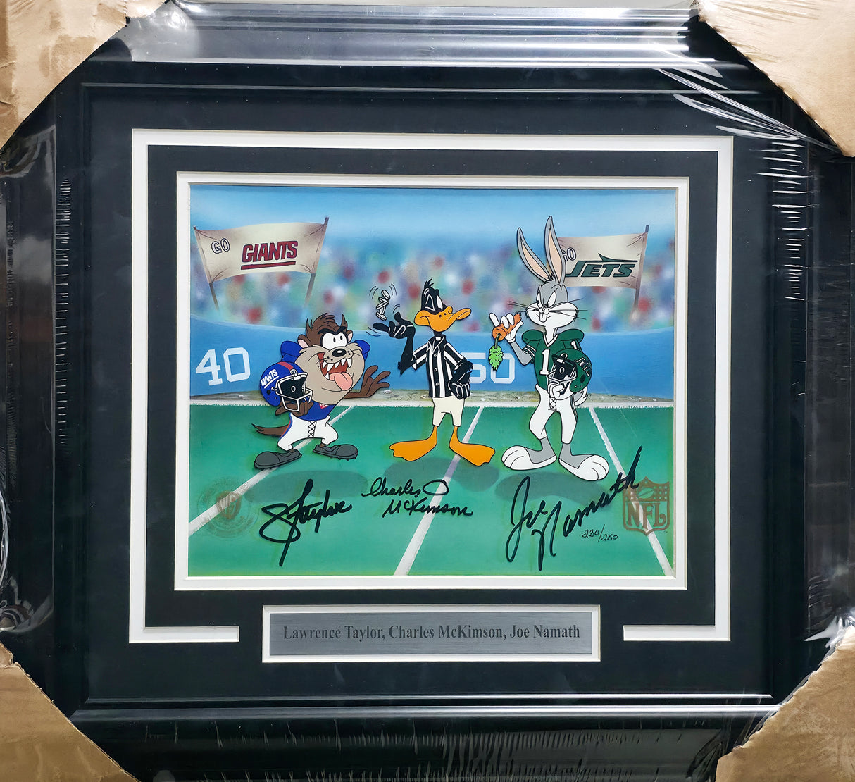 Lawrence Taylor, Joe Namath & Charles McKimson Autographed Framed 10x12 Photo Looney Tunes #230/250 JSA #X51365