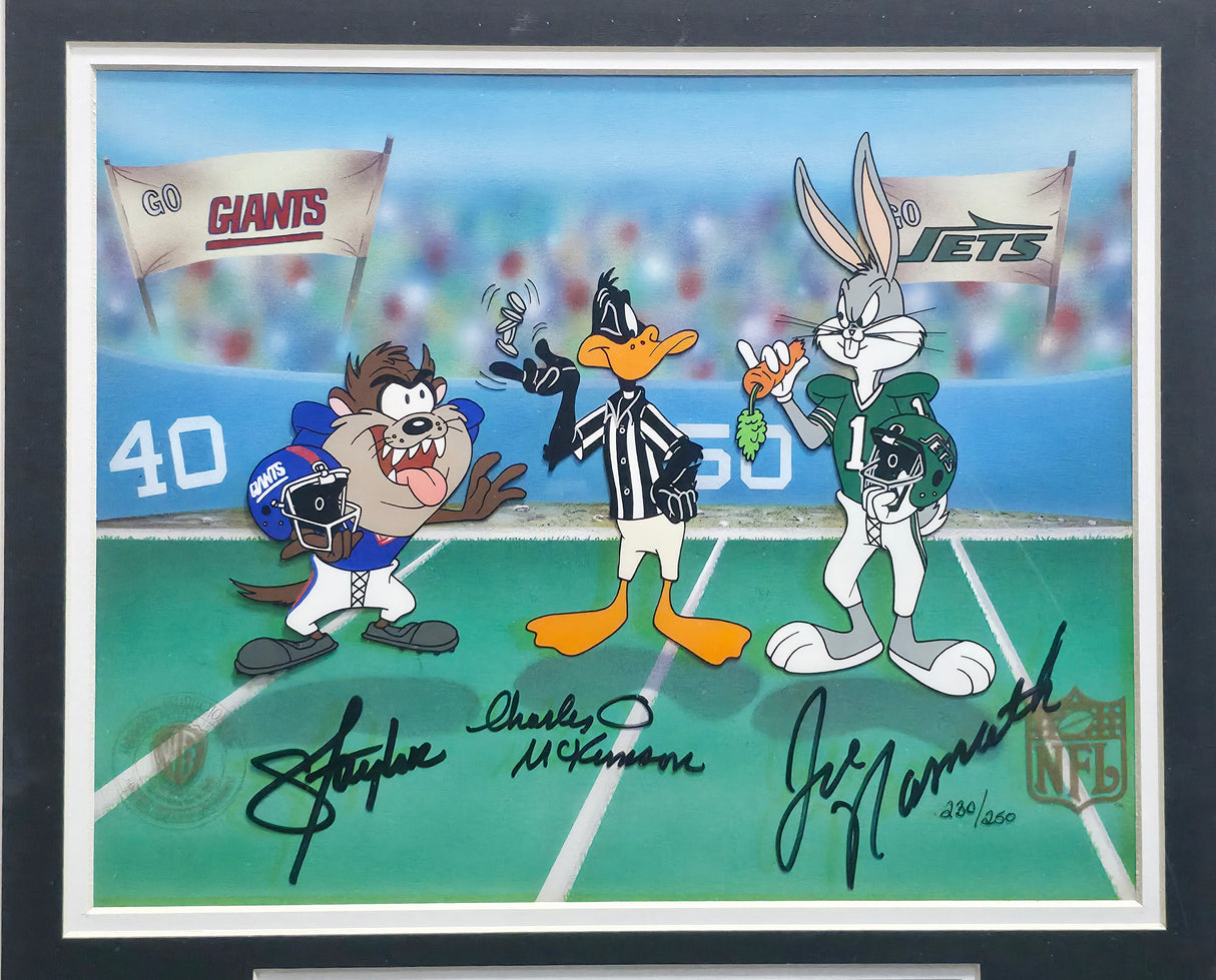 Lawrence Taylor, Joe Namath & Charles McKimson Autographed Framed 10x12 Photo Looney Tunes #230/250 JSA #X51365