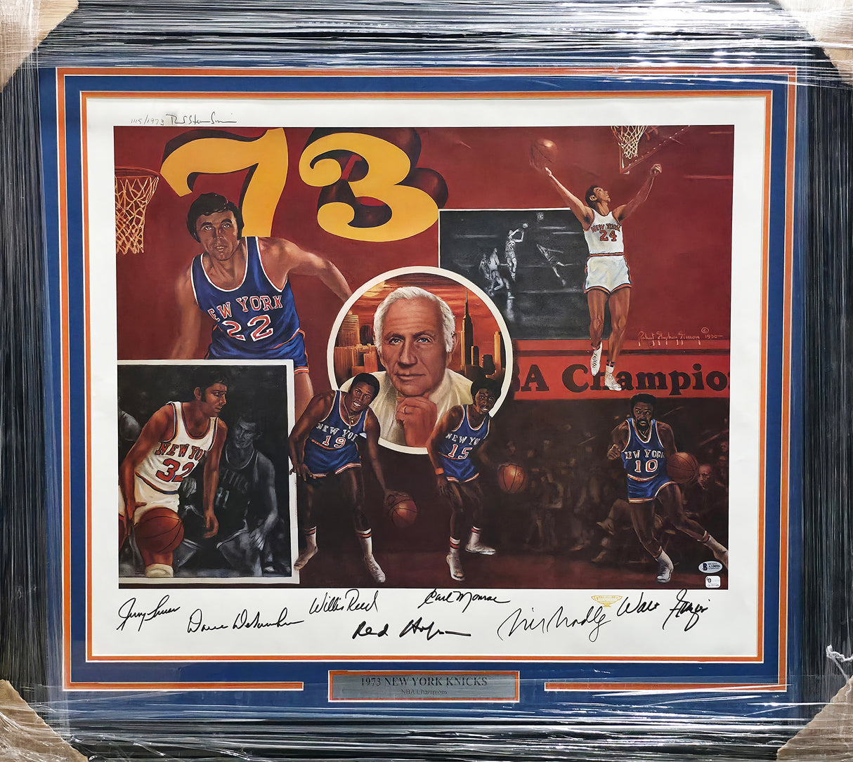 1973 New York Knicks Autographed Framed 24x30 Lithograph Photo With 7 Signatures Including Jerry Lucas Beckett BAS #A10096
