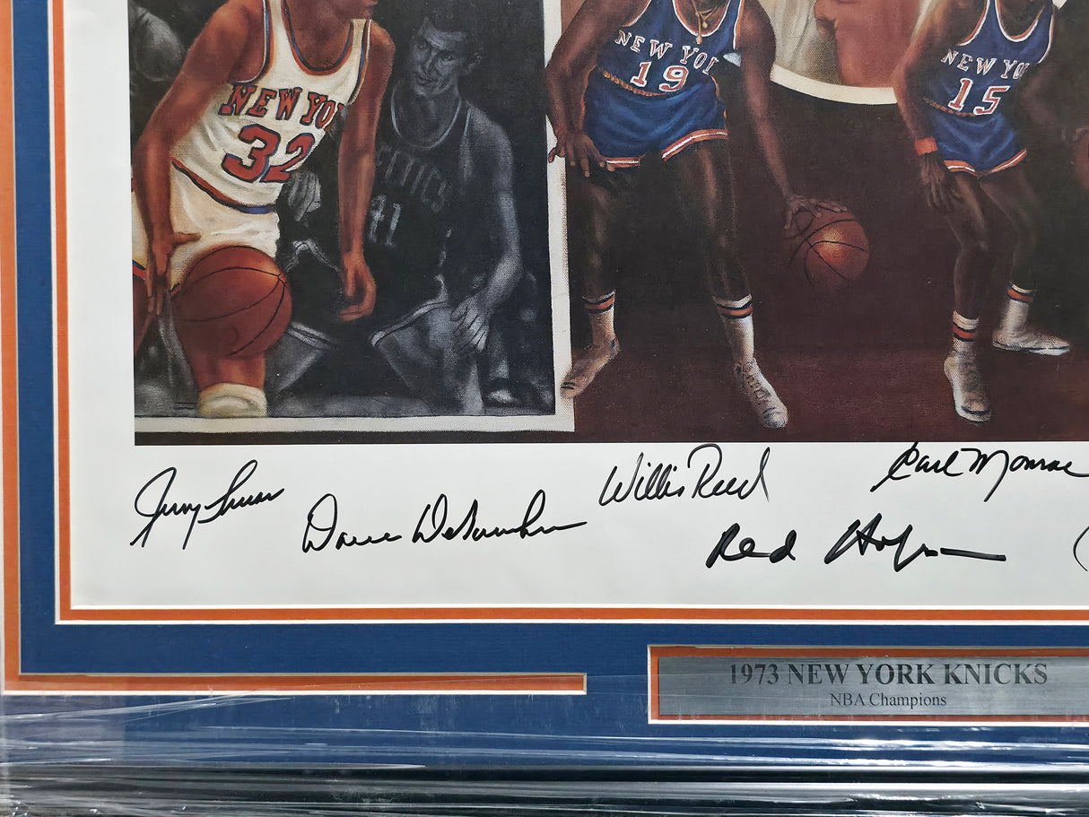 1973 New York Knicks Autographed Framed 24x30 Lithograph Photo With 7 Signatures Including Jerry Lucas Beckett BAS #A10096