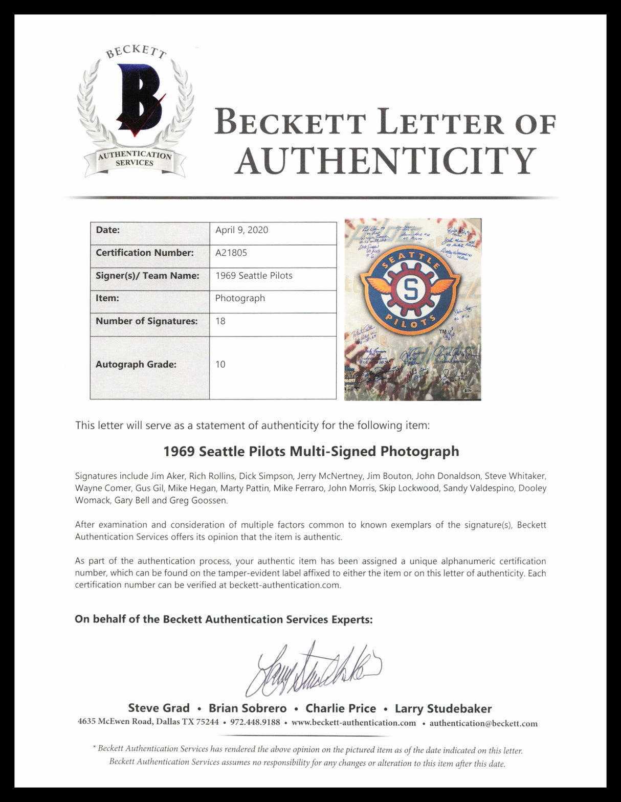 1969 Seattle Pilots Team Autographed Framed 16x20 Photo With 18 Signatures Beckett BAS #A21805