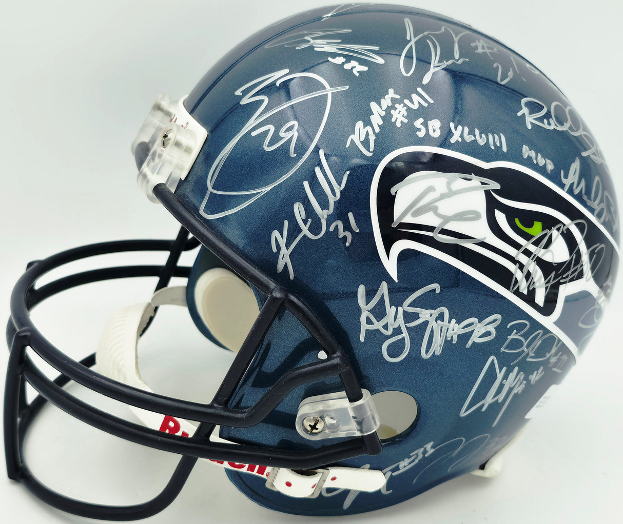 Seattle Seahawks Super Bowl XLVIII 48 Champions Team Autographed Blue Full Size Replica Helmet With 40 Signatures Including Marshawn Lynch & Pete Carroll Beckett BAS #AQ020275