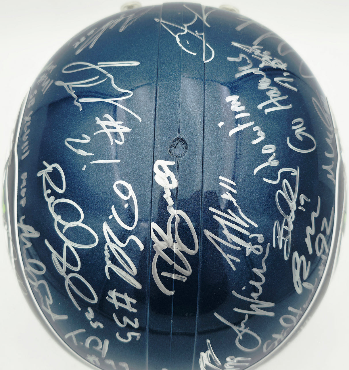 Seattle Seahawks Super Bowl XLVIII 48 Champions Team Autographed Blue Full Size Replica Helmet With 40 Signatures Including Marshawn Lynch & Pete Carroll Beckett BAS #AQ020275