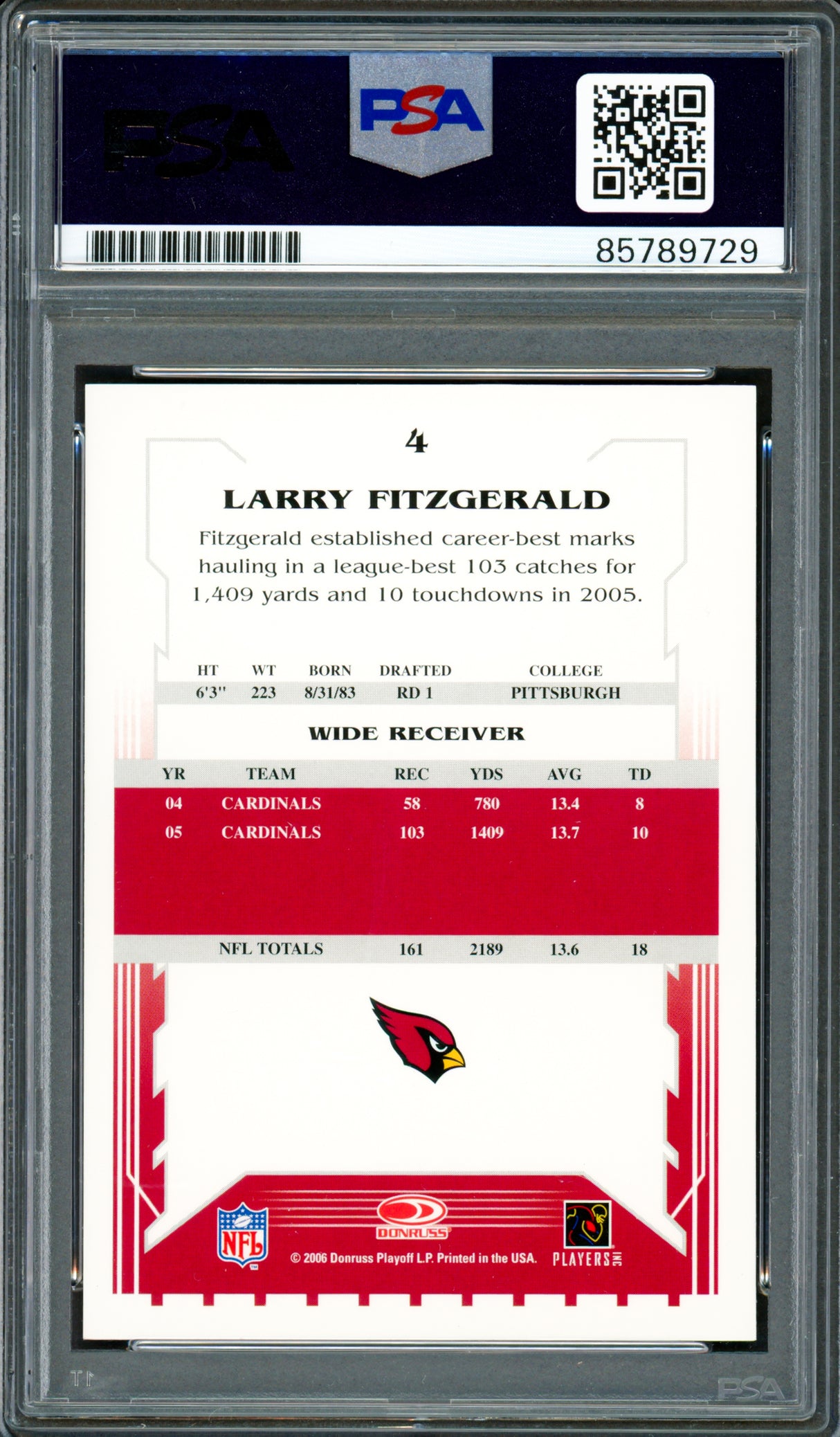 Larry Fitzgerald Autographed 2006 Score Card #4 Arizona Cardinals Auto Grade Mint 9 PSA/DNA #85789729