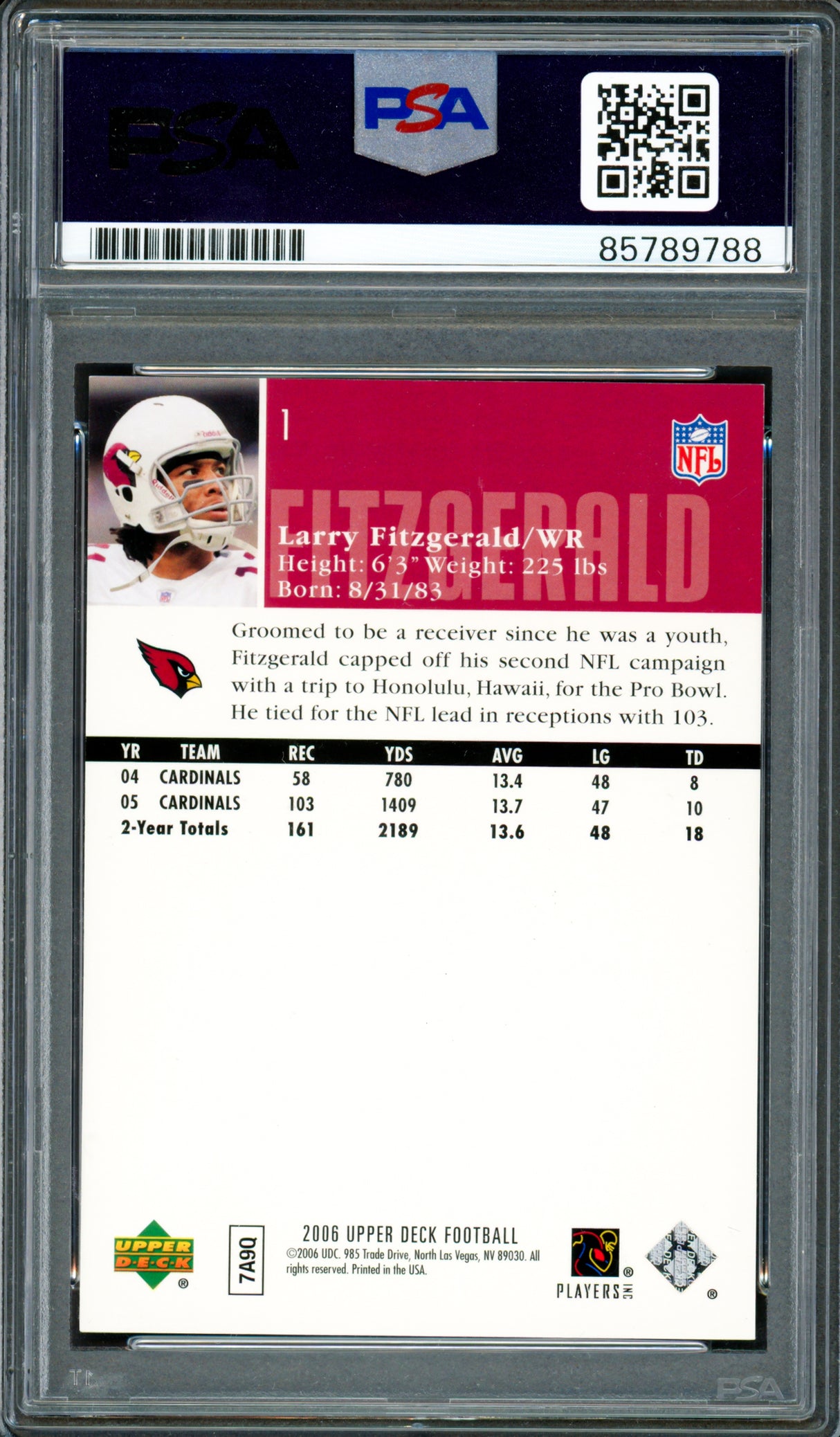 Larry Fitzgerald Autographed 2006 Upper Deck Card #1 Arizona Cardinals Auto Grade Gem Mint 10 PSA/DNA #85789788
