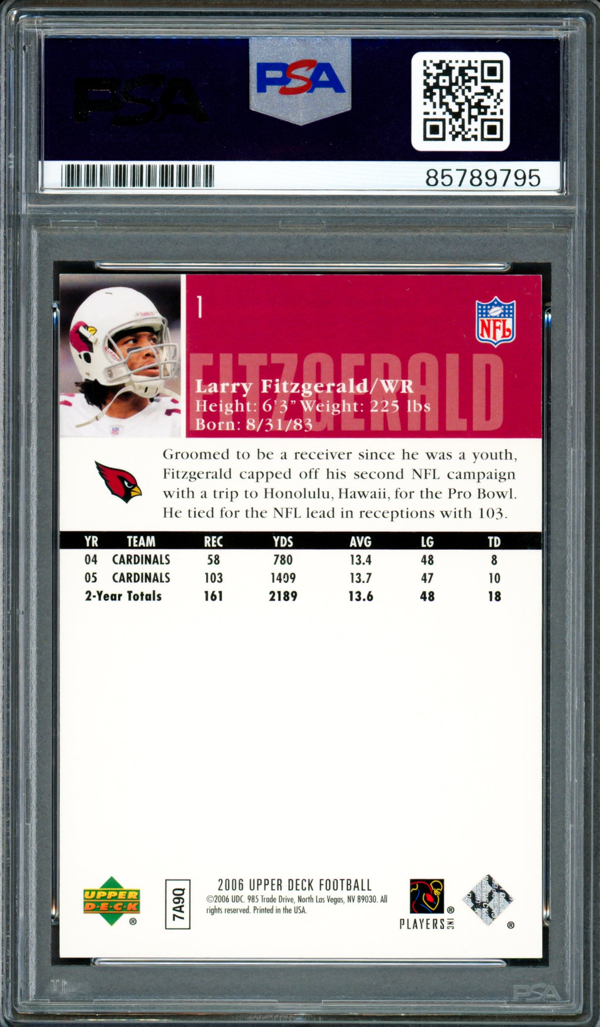 Larry Fitzgerald Autographed 2006 Upper Deck Card #1 Arizona Cardinals Auto Grade Gem Mint 10 PSA/DNA #85789795