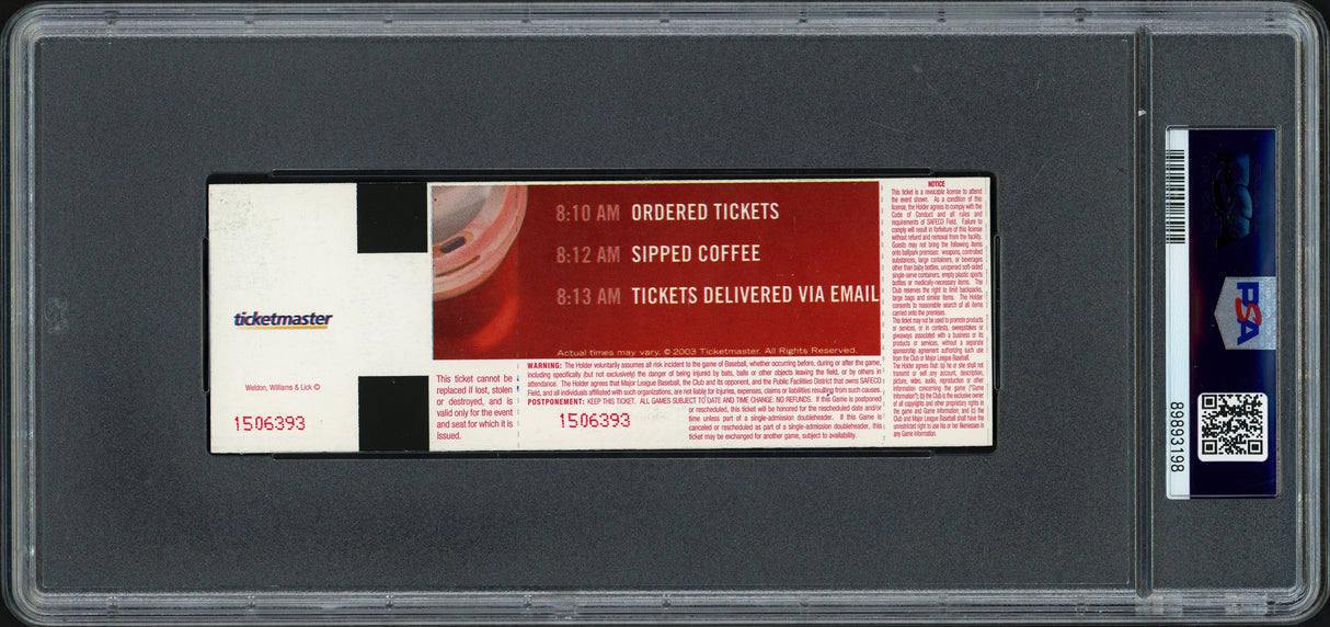 Ichiro Suzuki Autographed 10/1/2004 Breaks Sisler's Hit Record Ticket Seattle Mariners PSA 6 Auto Grade Gem Mint 10 "10-1-04 MLB Hit Record" PSA/DNA #89893198