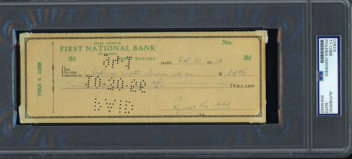 Ty Cobb Autographed 3x8 Check Detroit Tigers PSA/DNA #85810482