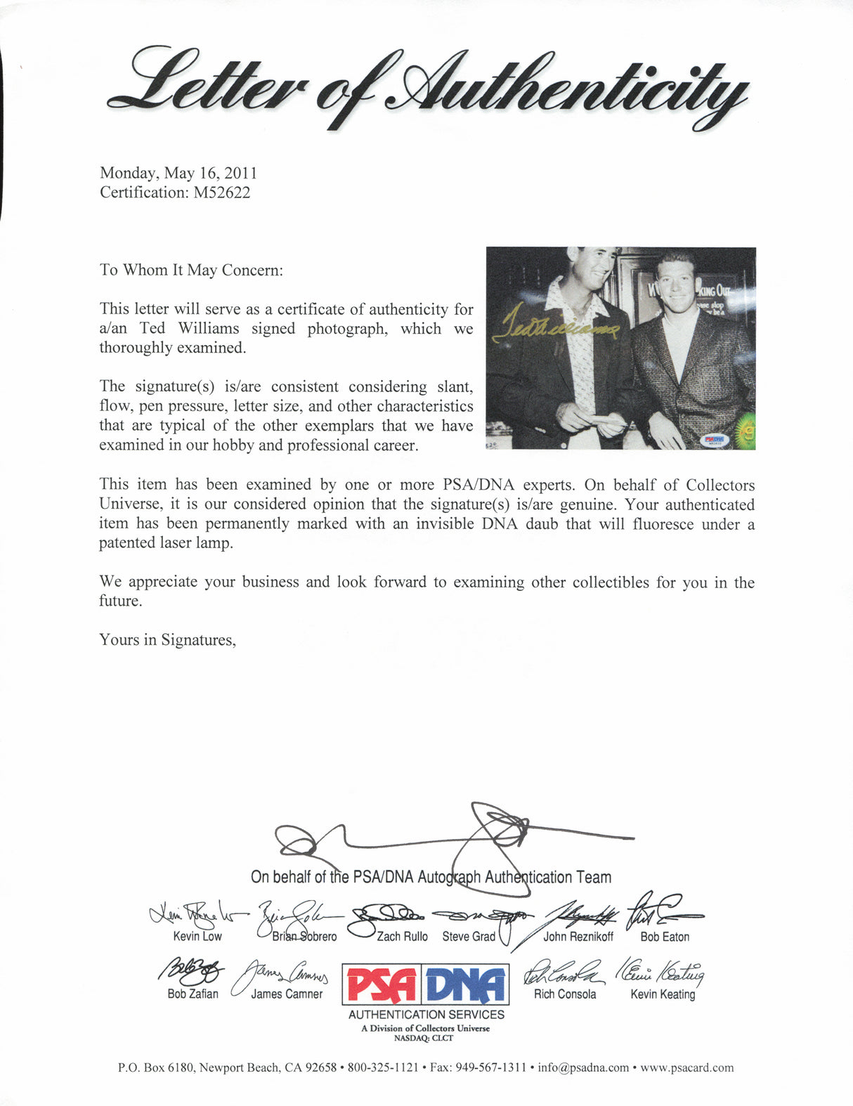 Ted Williams Autographed 8x10 Photo Boston Red Sox PSA/DNA #M52622